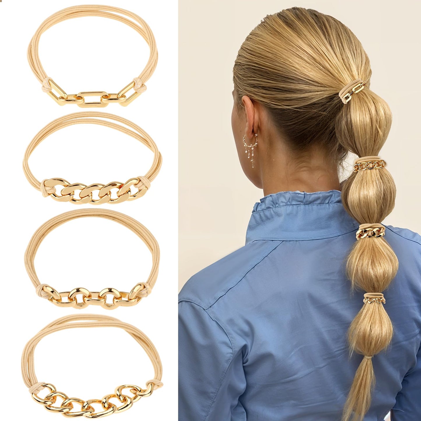 Wanmu Pack of 4 Golden Hair Scrunchies Bracelets, Elastic Hair Bands, Scrunchies, Ponytail Holder, Hair Accessories, Headpiece for Women, Girls, Children