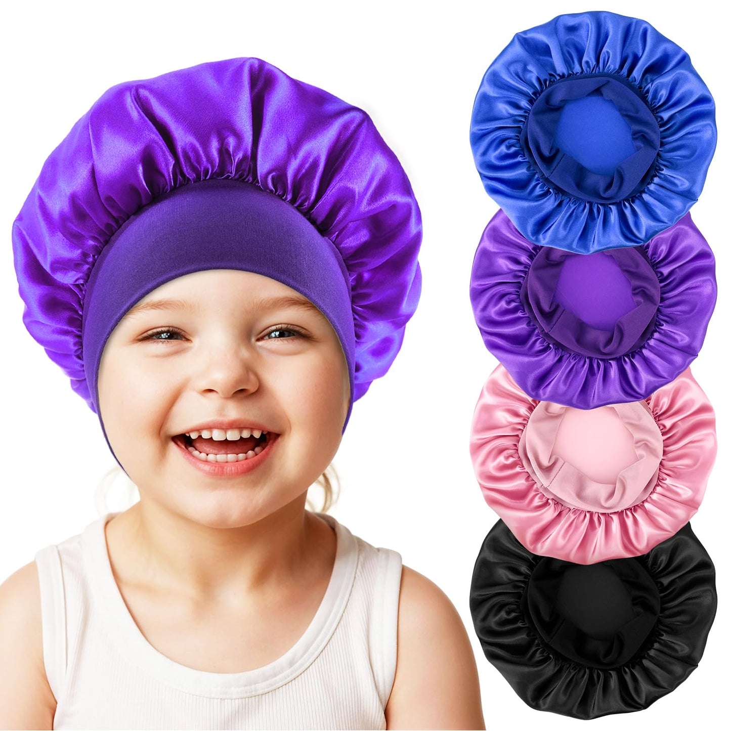 KFHENSOMR 4Pcs Satin Bonnets for Kids Sleeping, Elastic Wide Band Bonnet Sleep Cap for Natural Curly, Silk Bonnet for Toddler Children Sleeping Boys and Girls(4 Colors)