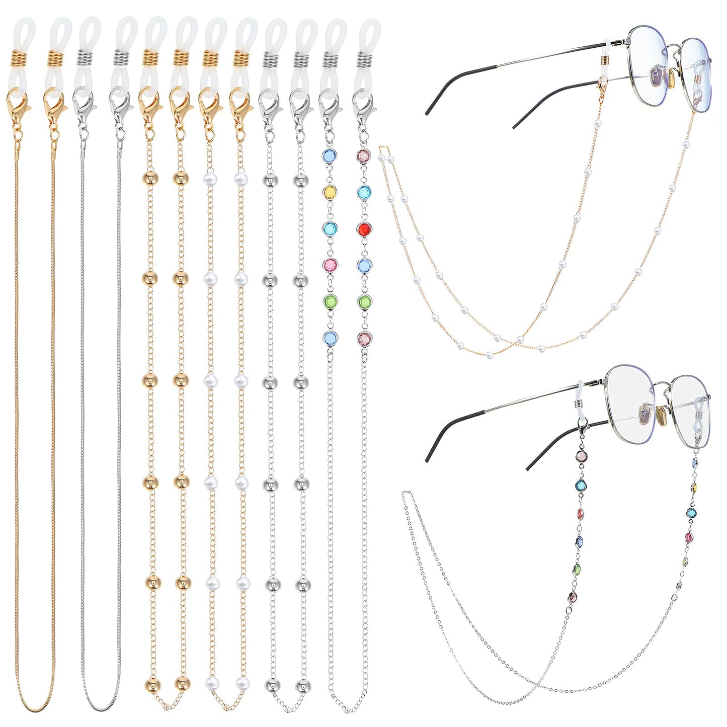 COMNICO Eyeglasses Chain for Women, 6 Pcs Glasses Chain Natural Crystal Beaded Eye Glasses Strap Holders Around Neck Elegant Mask Lanyard Sunglass Chains for Women Men