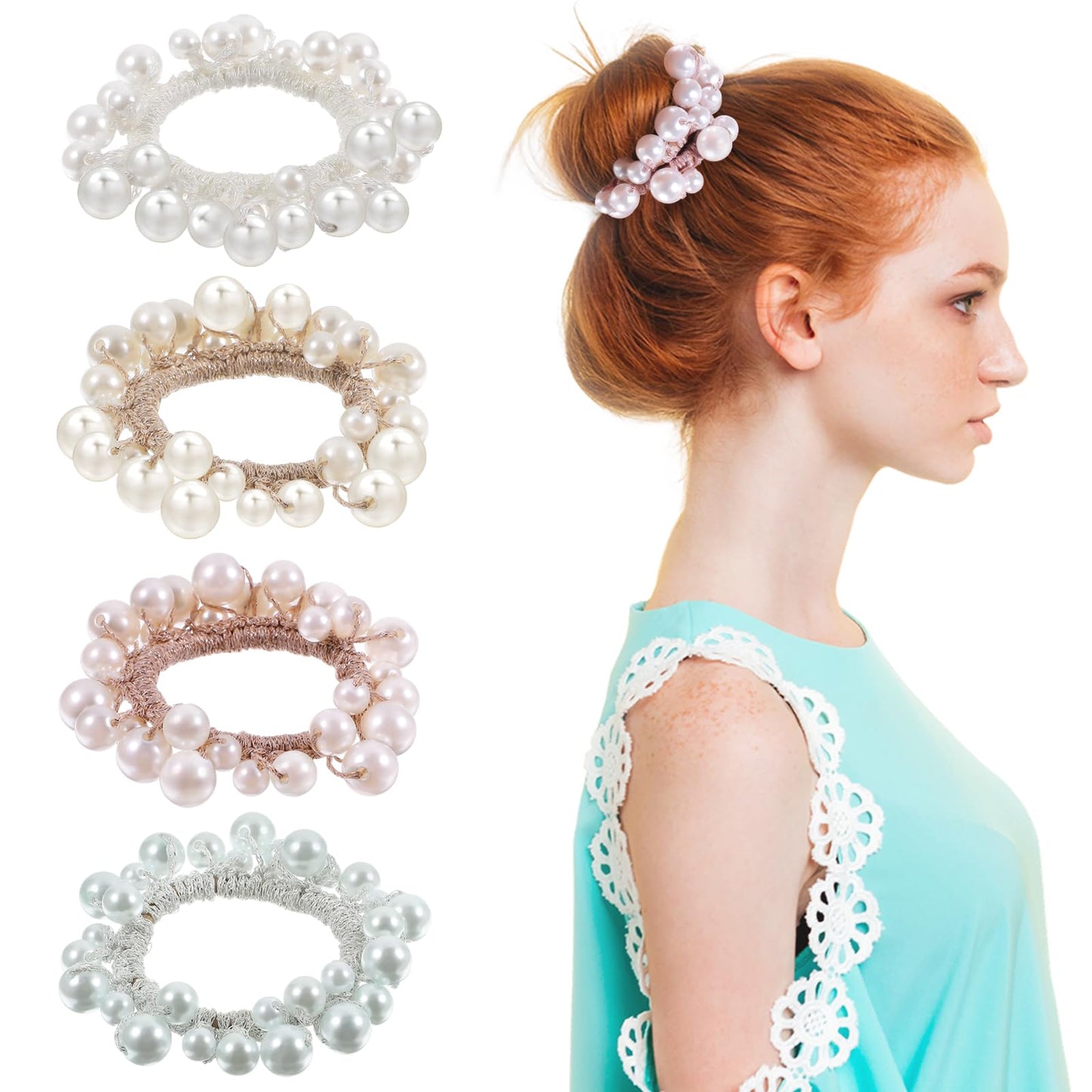Wanmu Pearl Hair Ties, Beaded Hair Scrunchies, Pearl Hair Clips, Ponytail Holders Elastic Hair Bands, Crystal Hair Accessories for Women and Girls (Pack of 4)