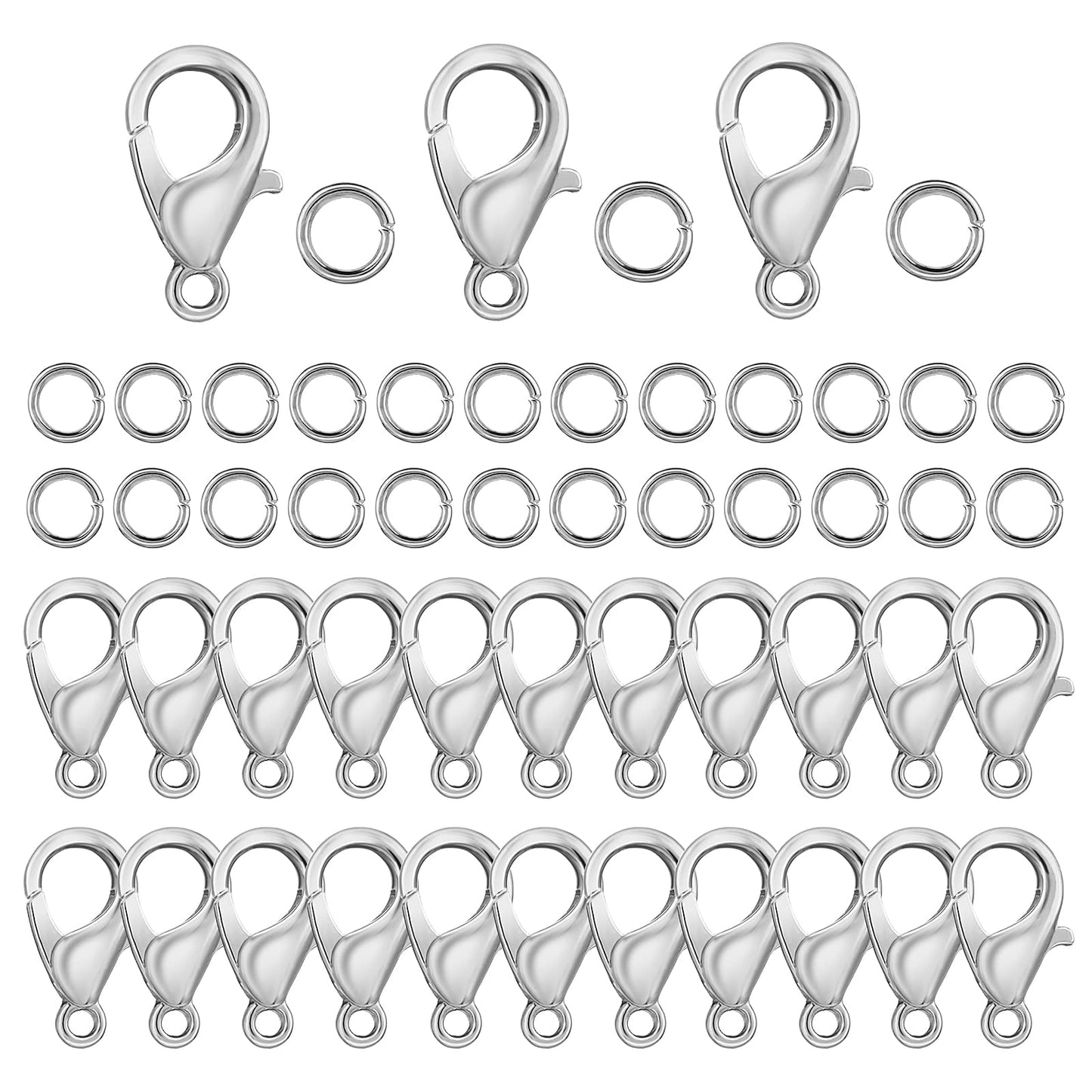 Sibba Curved 550Pcs Silver Lobster Clasp and Open Jump Ring Replacement Snap Hook for Jewellery Crafts Lanyard Clips DIY Choker Necklaces Bracelet Making Silver (Clasp: 12mm + Ring: 5mm)
