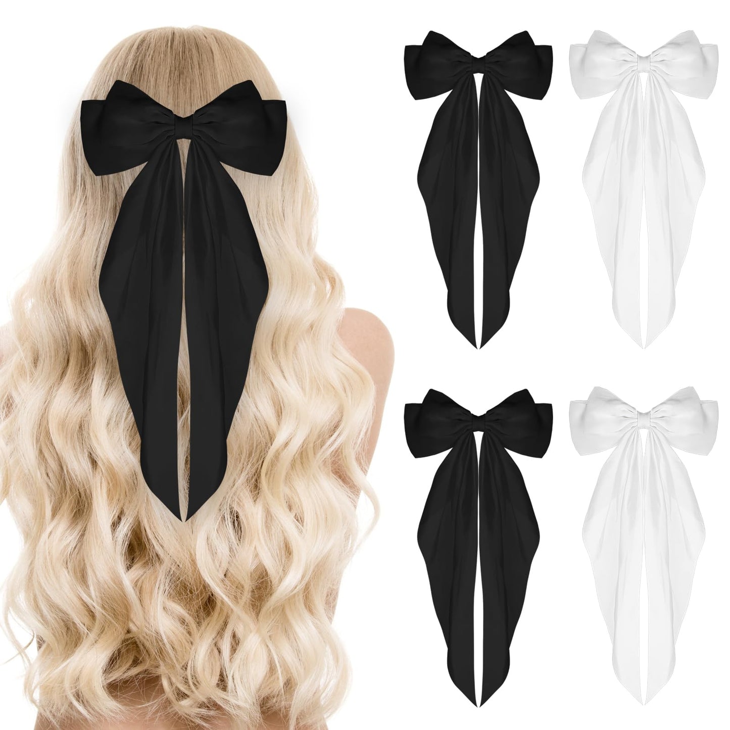 Sibba 4Pcs Satin Hair Barrette Big Bow Clips Soft Silky French Bowknot with Long Tail 90's Vintage Hairpin for Ponytail Bun Scrunchie Women Girls Dress Up Accessories Cute Gifts (Black White)