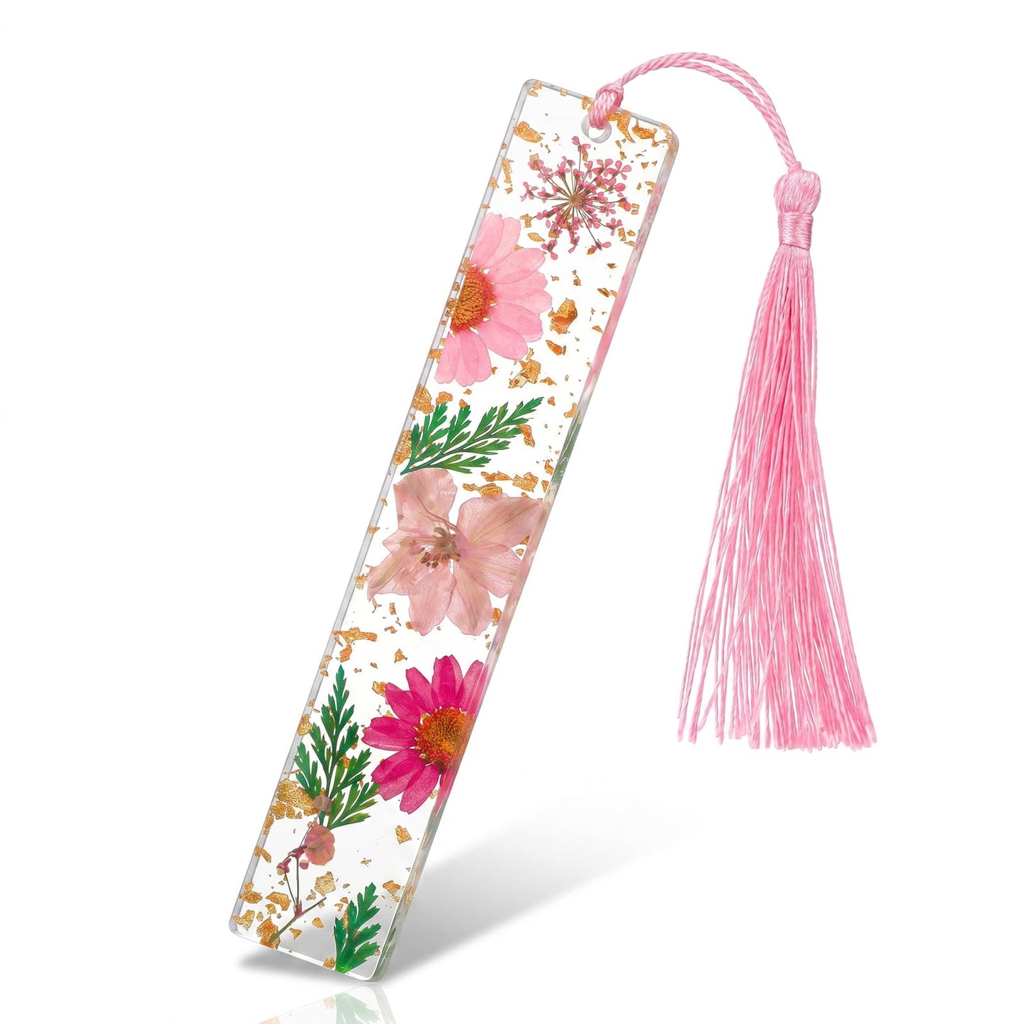 Pressed Flowers Bookmark, Resin Personalised Bookmark, Page Marker with Tassels, Natural Dried Flower Bookmarks, Gifts for Readers, Teachers, Students, Festival, Carnival (Pink Green)