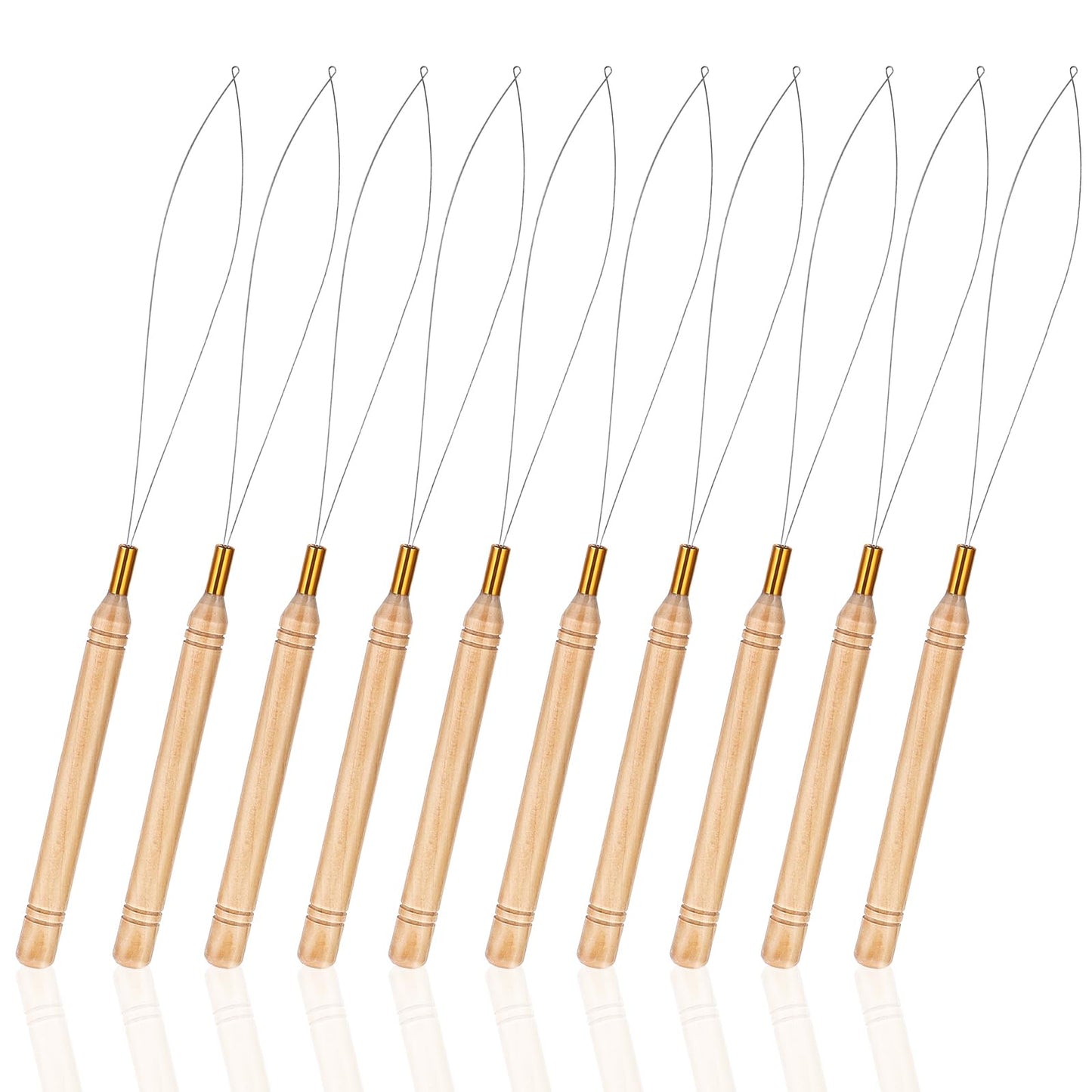 Qisnyu 10 Pcs Wooden Hair Extension Loop Needle Threader Micro Silicone Link Rings Bead Device Tool Kits Remove Pliers Wire Pulling Hook Bead Tool for Hair or Feather Extensions