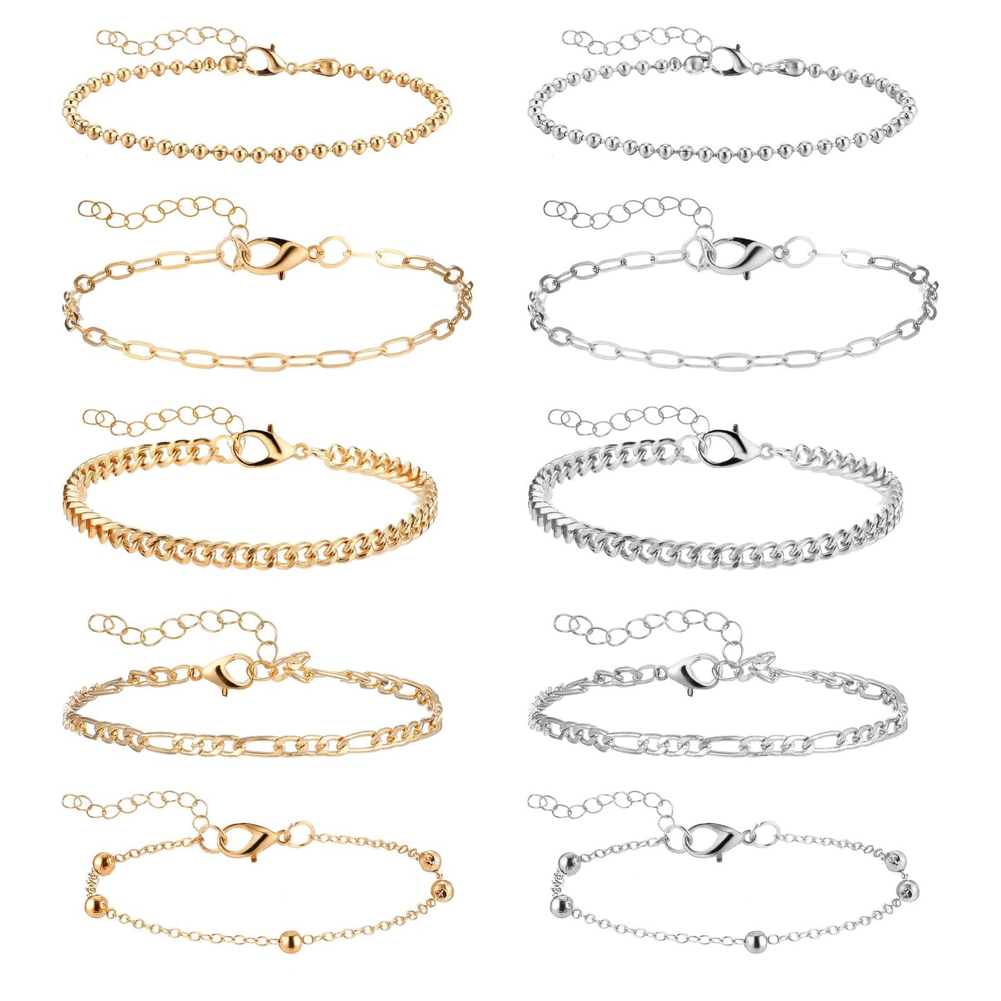 Wanmu Pack of 10 Women's Gold Silver Adjustable Cuban Chain Bracelets, Waterproof Boho Paper Clip Bracelets, Jewellery for Women, Girls