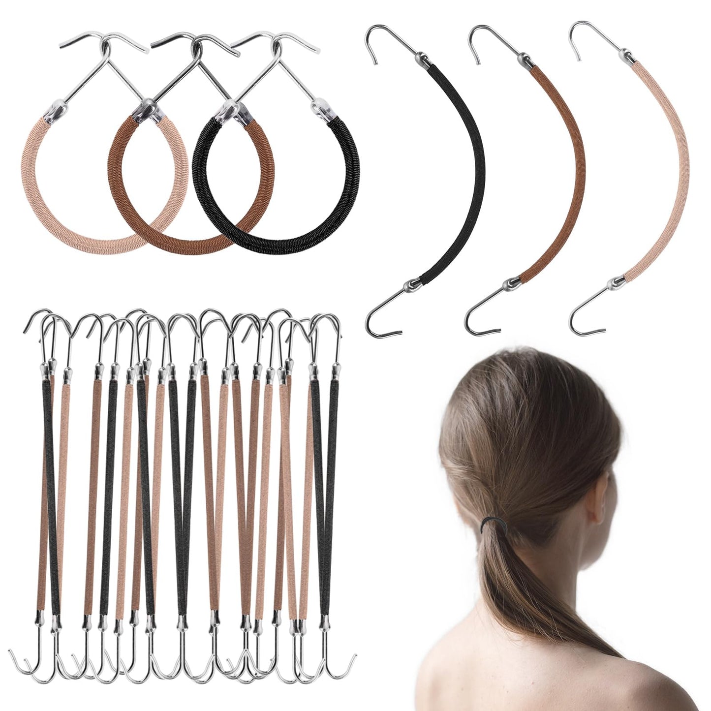COMNICO Elastic Hair Ties with Hook Clips, 21pcs Ponytail Holder Hooks Hair Clips Cord Styling Elastic Band with Hook for Women Girls Thick Curly Hair Long Hair Styling Black Apricot Coffee
