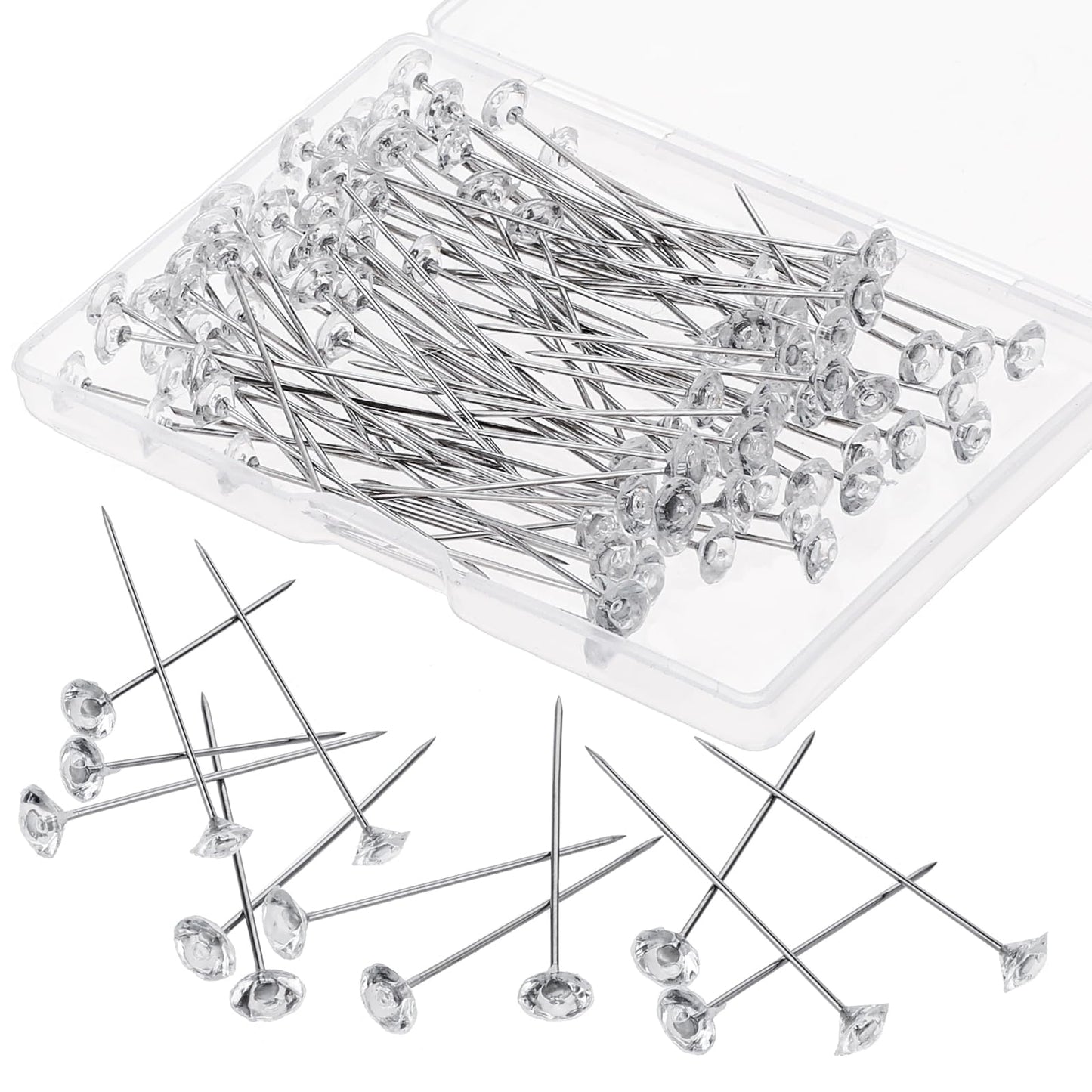 COMNICO 100pcs Sewing Pins Straight Pin Clear Crystal Head Rhinestones Corsage Stick Boutonniere Pins 1.5inch Bouquet Flower Floral Diamond Pins for Wedding Jewelry DIY Decoration