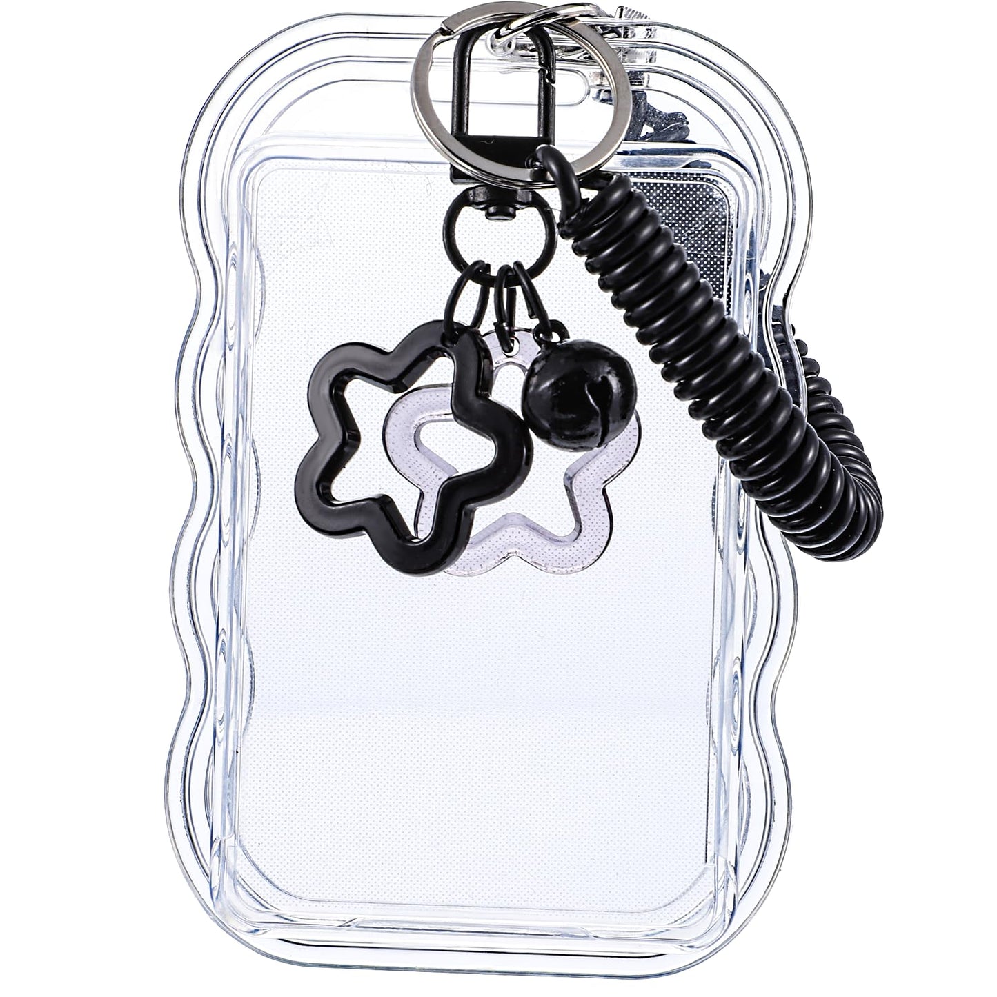 YBEATY Cute Photocard Holder Bell Star Wave Photocard Keychain Black Plastic Id Badge Cover Protector Transparent Creative Pc Holder with Spring Rope for Bus Student