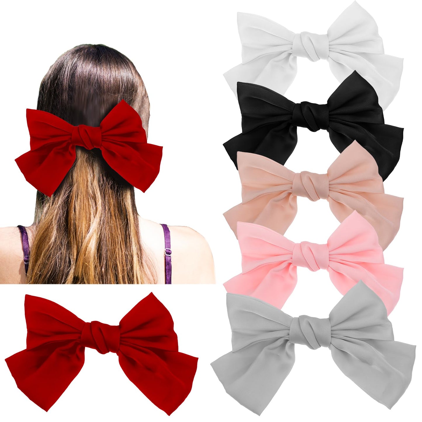 6PCS Silky Satin Hair Bows Oversized Hair Ribbons Bowknot Hair Clips Ponytail Holder Slides Big Metal Hair Barrettes Cute Aesthetic Hair Accessories for Women Girls Toddlers Teens Kids