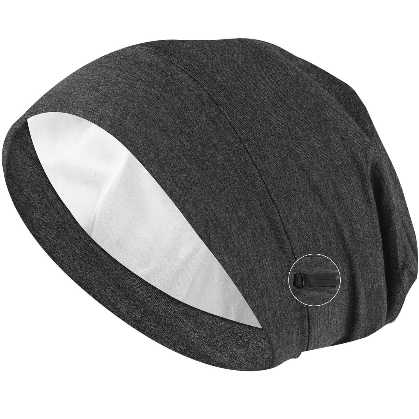 Wanmu Silk Satin Sleep Cap Bonnet, Adjustable Stay on Satin Lined, Slouchy Beanie Hat for Women and Men, for Curly Hair and Braids, Stay On Night Wrap (Dark Gray)