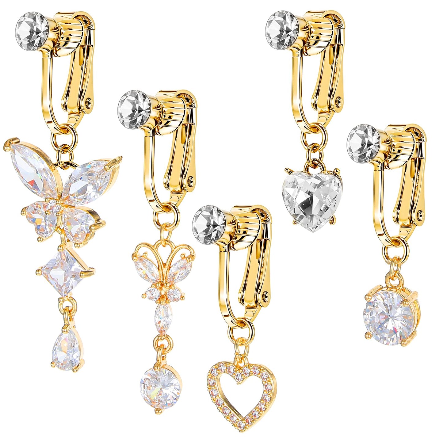Qianyu 5 Pcs Butterfly Heart Gold Fake Belly Piercing Ring for Women Fake Faux Belly Button Piercing Clip Surgical Button Ring Earrings Non Piercing Jewelry Navel Rings for Women