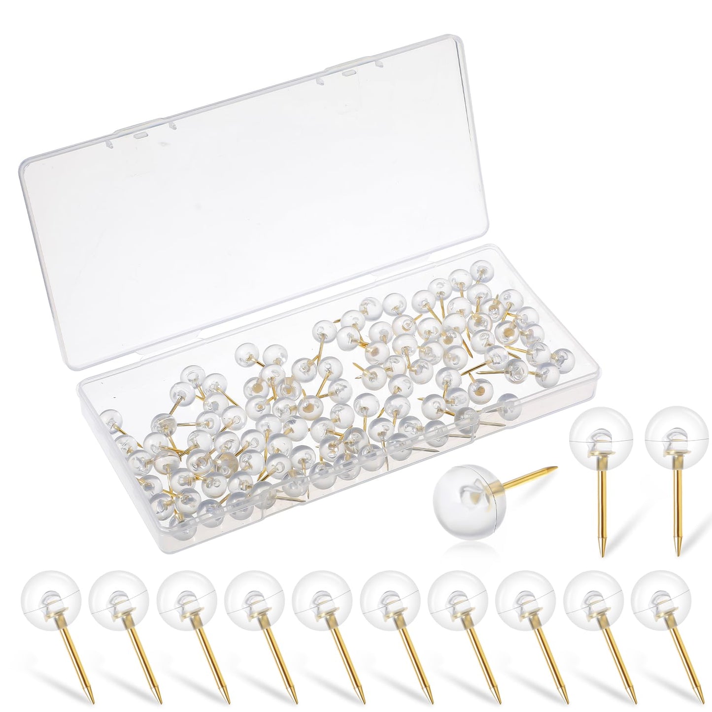Sibba Clear Push Pins 100 Pcs Round Tacks Tape Fasteners Office Supplies with Storage Box Cork Board Pushpins Transparent Paper Push Pins Steel Point for Daily Study Files Photo
