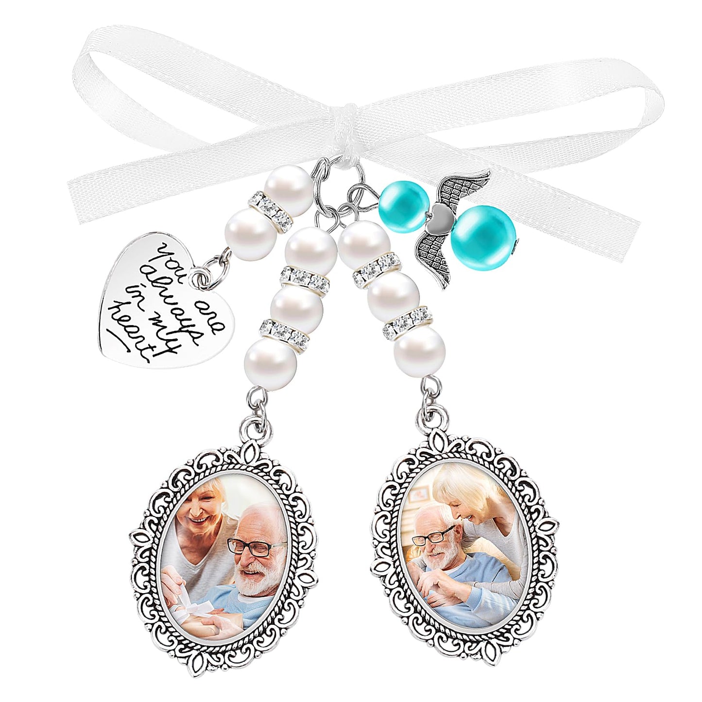 Wedding Bouquet Photo Charms Personalized Bridal Memorial Pendant You Are Always In My Heart Silvertone Keepsake Ribbon Bow Pearl Charm Customize for Wed Floral Picture Template(Double)