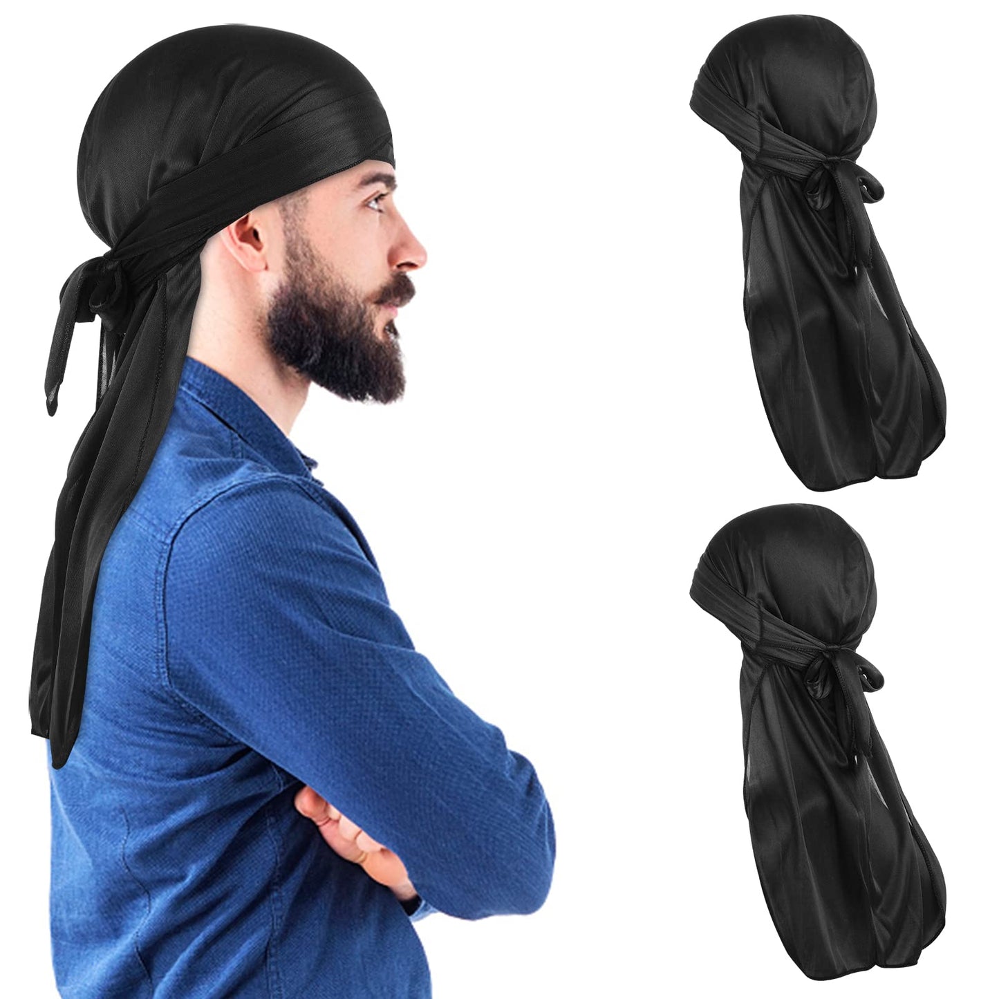 Sibba Satin Durags 2 Pieces Long Silky Silk Velvet No Sweat Hat Liners Waves Pack Turban Head Wrap for Dreadlocks and Curls Men Man Women (Black)