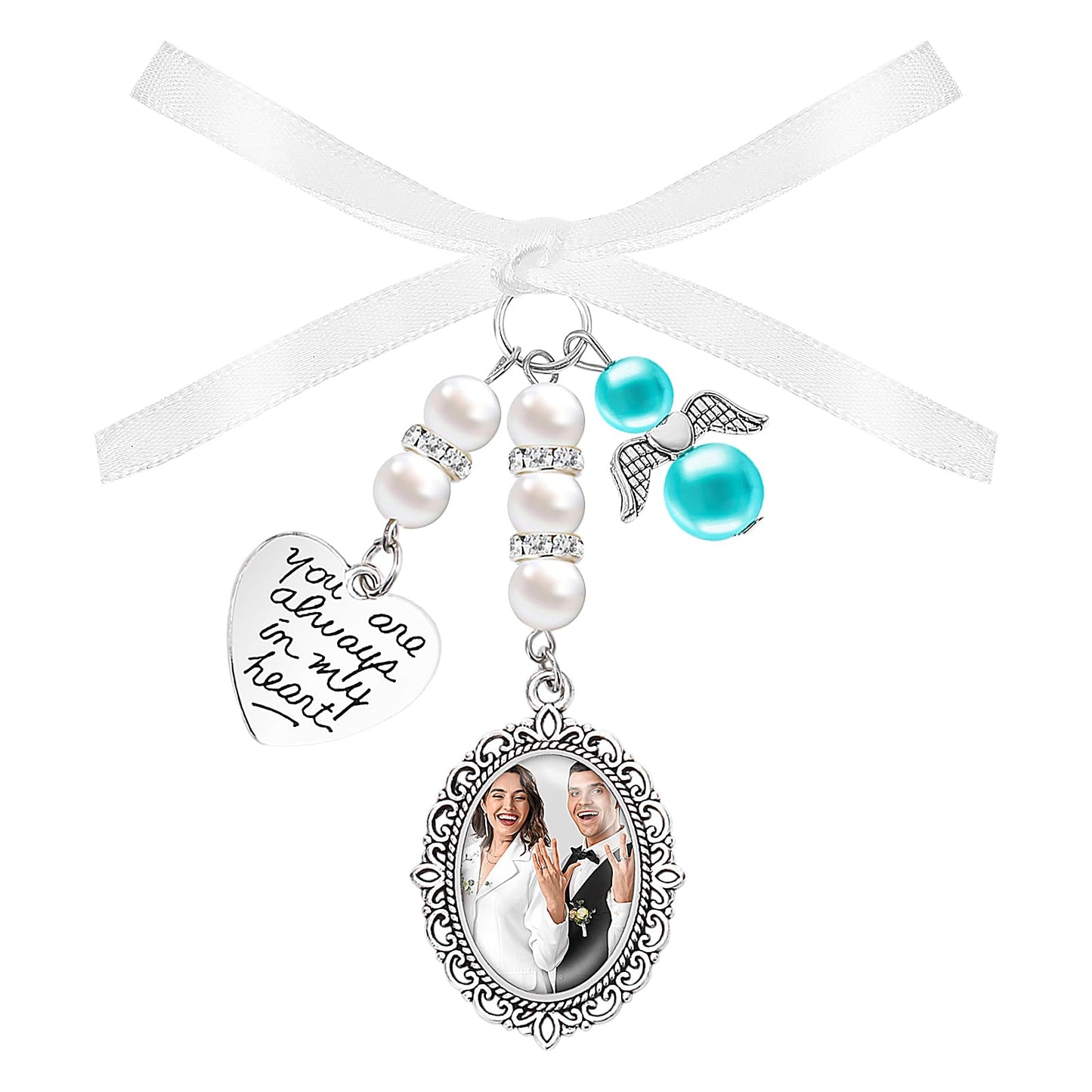 Wedding Bouquet Photo Charms Personalized Bridal Memorial Pendant You Are Always In My Heart Silvertone Keepsake Ribbon Bow Pearl Charm Customize for Wed Floral Picture Template(Single)