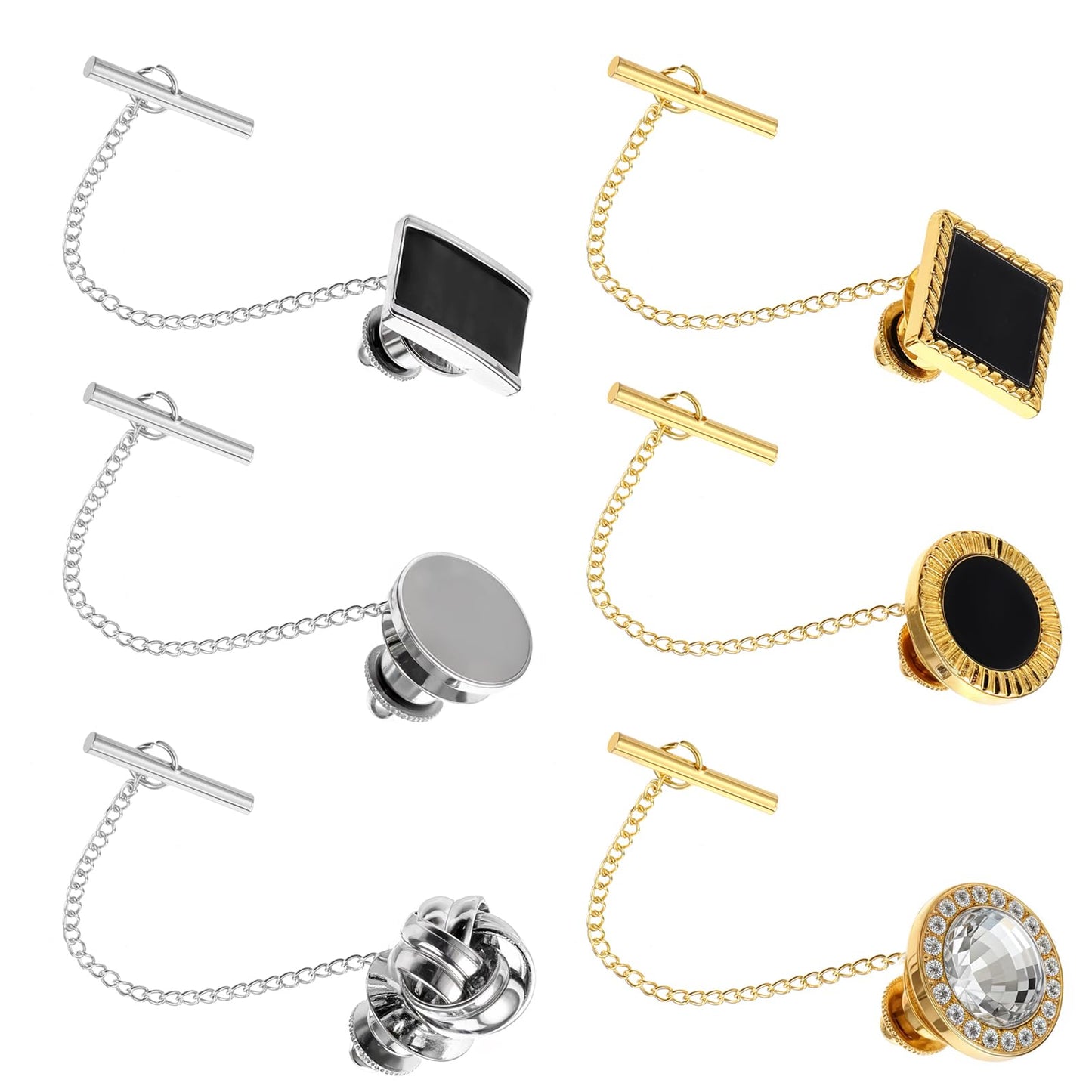 6Pcs Tie Tacks for Men Tie Pins with Chain Ties Clips Suit Accessories Tack Clutch Clasps for Regular Ties Wedding Anniversary Business Hat Birthday Party Gift