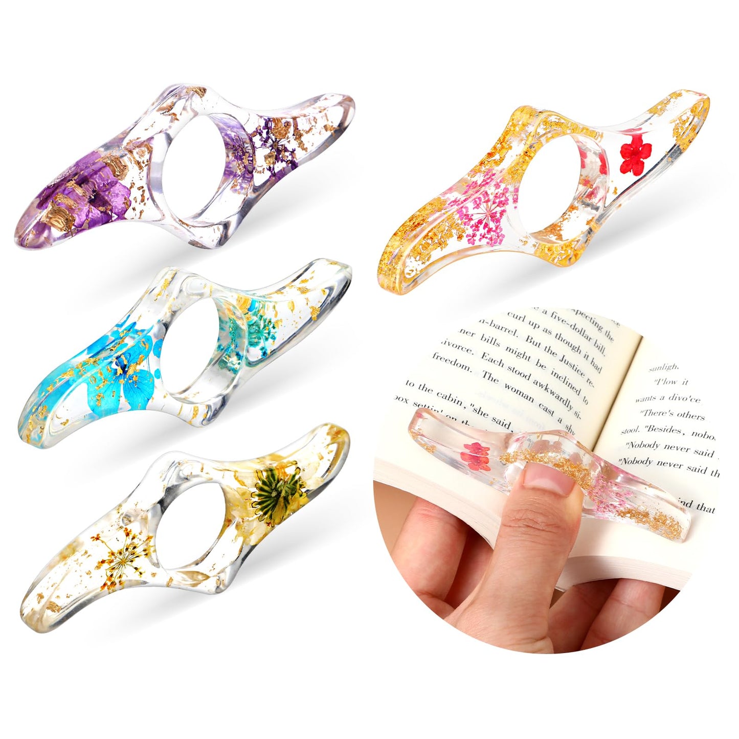 Dimeho 4Pcs Book Page Holder for Reading Dried Flower Resin Thumb Bookmark Handmade Thumb Ring Page Holder Book Accessories for Book Lovers, Literary, Students, Teachers(4 Style)