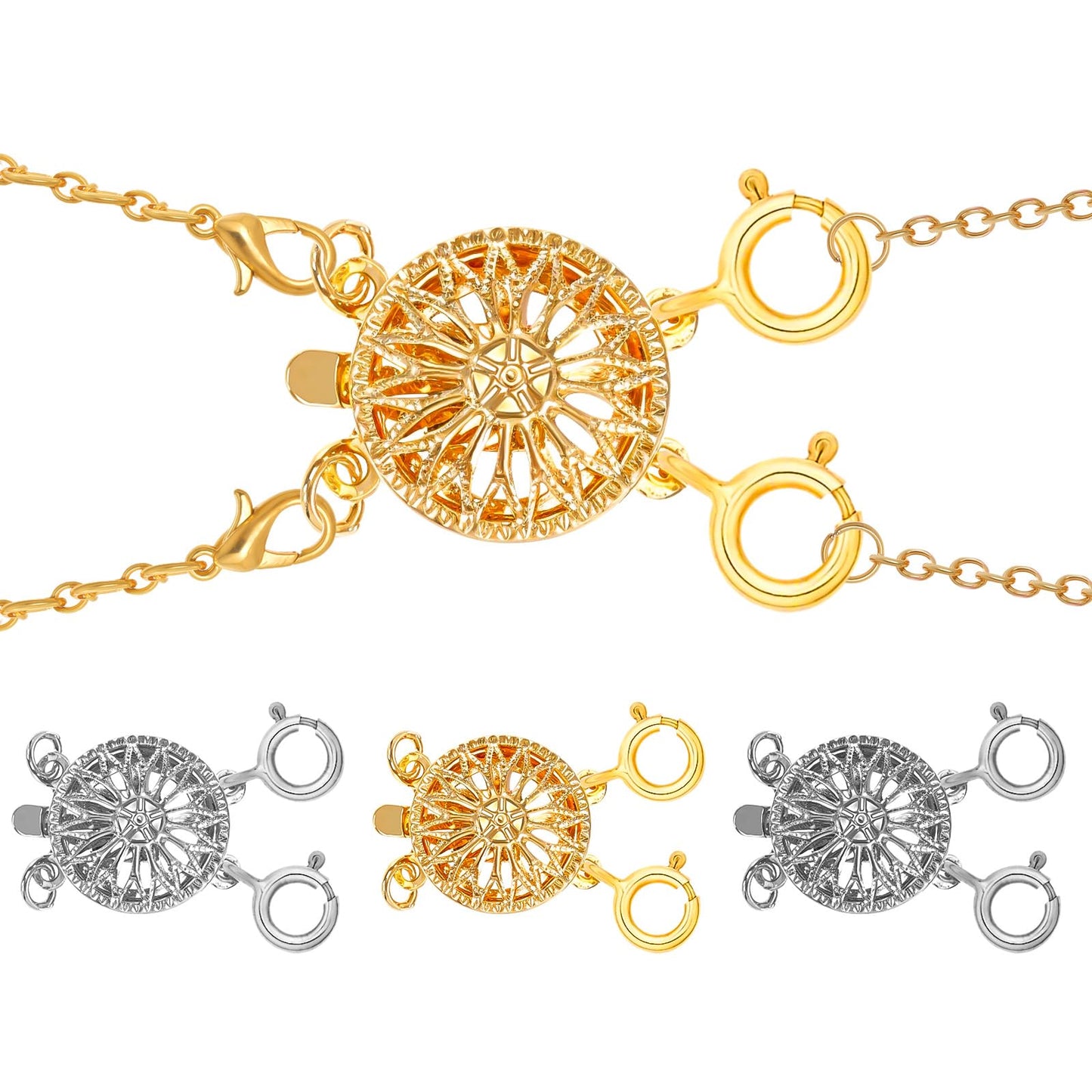 Sibba Necklace Layering Clasps Separator 4 Pcs Gold & Silver Safety Jewelry Locking Closures Converter Chain Extender Lucky Necklace Layering Clasp for Stackable Plated Multiple Necklace
