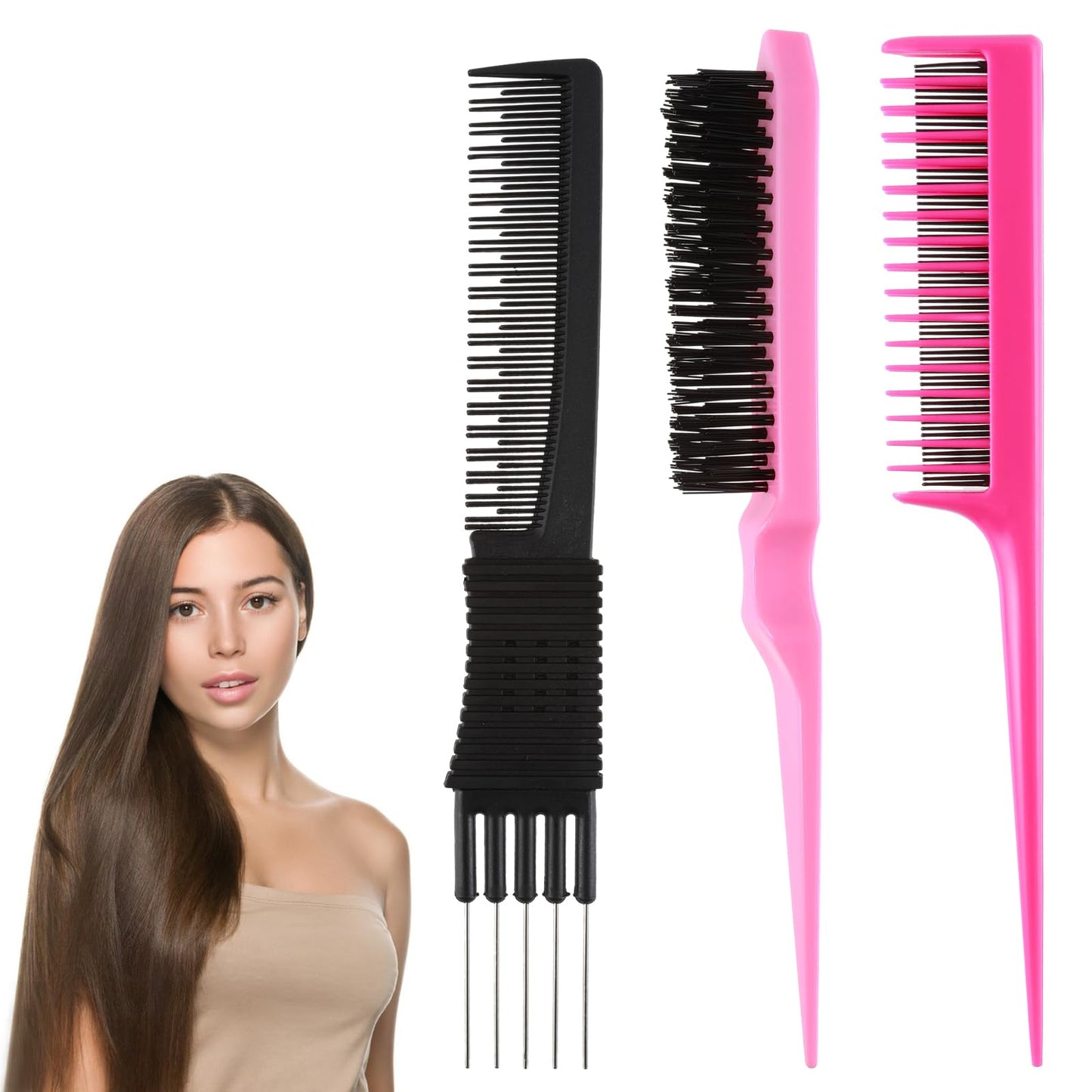 3 Pack Pick Teasing Combs Hair Brush Set, Black Carbon Lift Teasing Combs with Metal Pick, Triple Pin Rat Tail Comb and Nylon Bristle Hair Comb Brush for Women (Black, Pink, Rose Red)