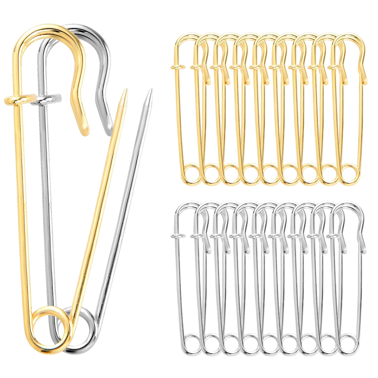 Sibba Large Safety Pins 20 Pcs Steel Lock Pins Heavy Duty Blanket Pins Pincushions Sewing Notions Supplies Gold Silver Clips Grips for Laundry Key Rings Clothes Leather Skirts