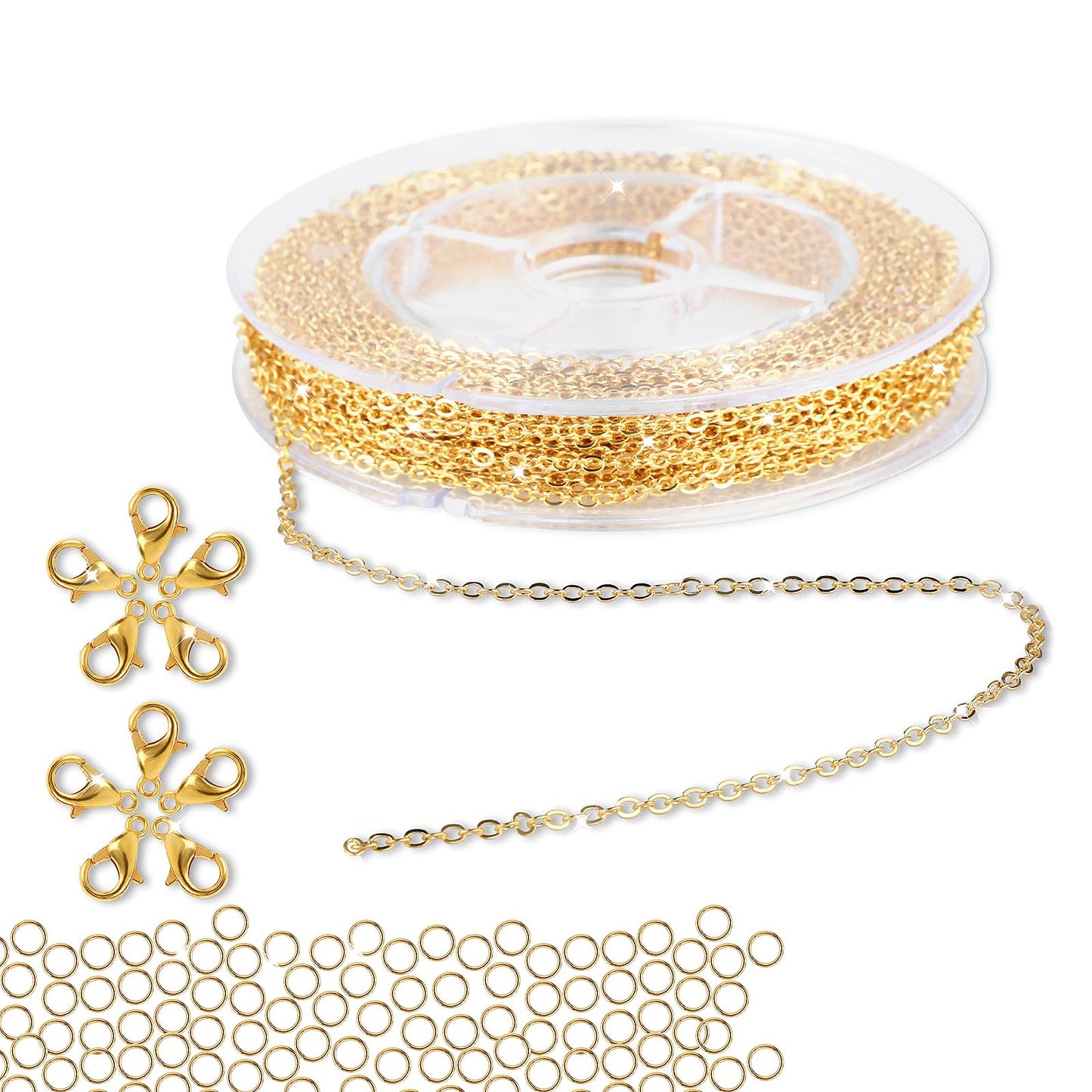 WLLHYF 39 Feet 2MM Gold Plated Cable Link Chain Rolls for Jewelry Making with Lobster Clasps and Jump Rings Extender Chains Link Necklace for DIY Craft Earring Bracelet Necklace (Gold)