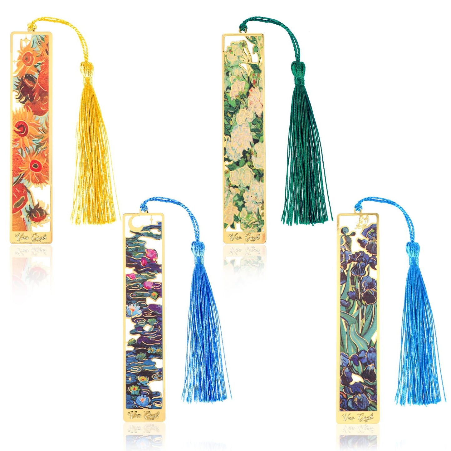 4 PCS Metal Bookmarks with Tassel, Golden Hollow Bookmark Monet Van Gogh Oil Painting Theme Book Mark Bookmarks, Retro Handmade Bookmarks for Book Lovers Writers Readers Women Students Teachers