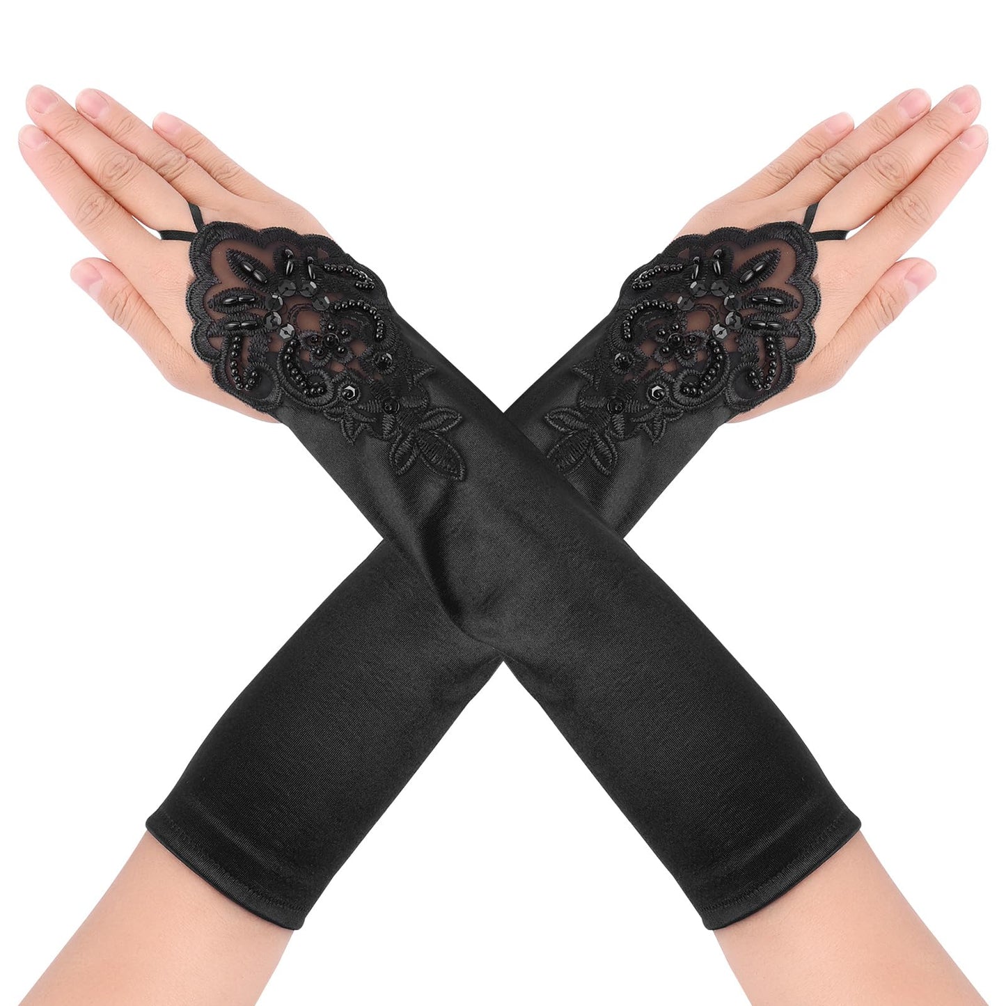 Sibba Lace Gloves Black Fishnet Fingerless Sleeves 1920s Halloween Cosplay Long Arm Gothic Mesh Warmers Sun Uv Protection Opera Evening Bride Costume Hands Nail Glitter Embroidered Stockings (Short)