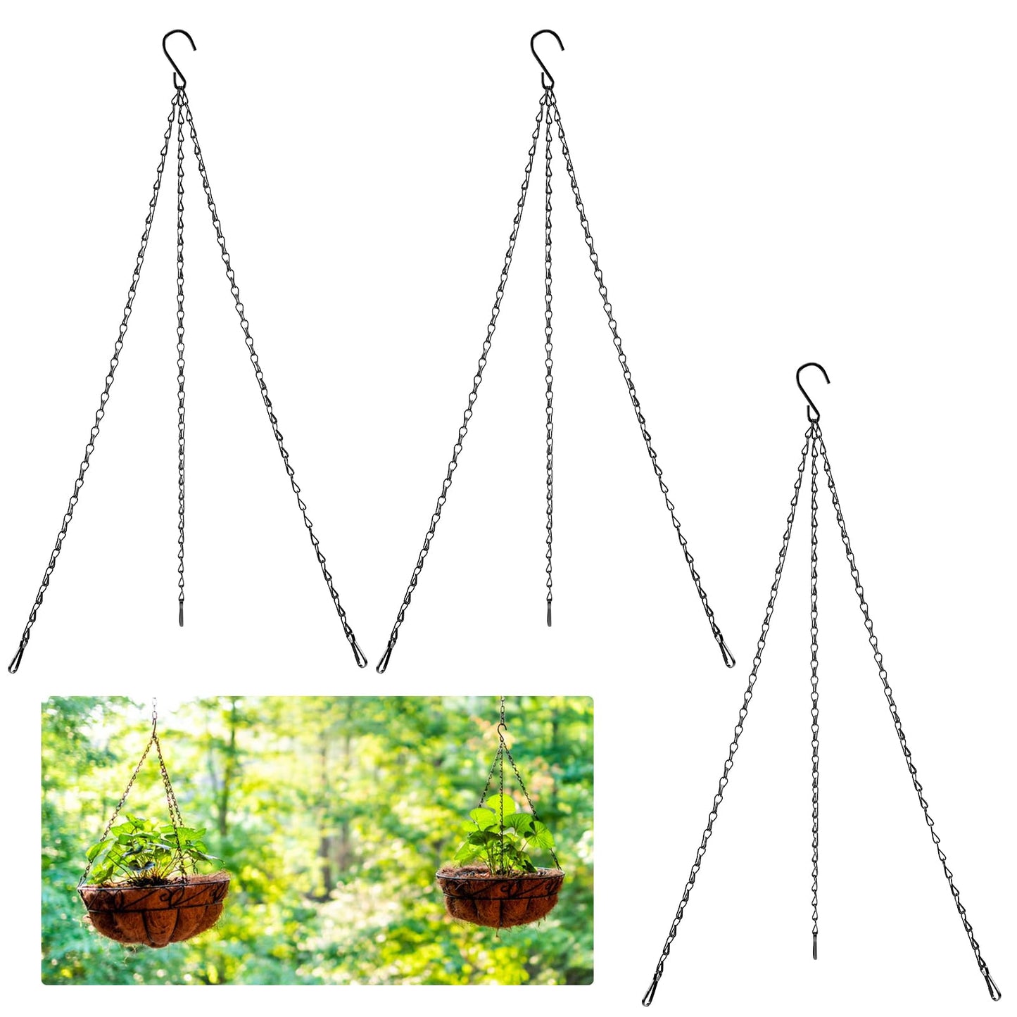 24 inch Long Hanging Chains 3pcs Hanging Baskets Chains 3 Point Metal Plant Holder Replacement Baskets Stand Hanger for Bird Feeders Planters Lanterns Ornaments Garden Porch Plants Flower Potss