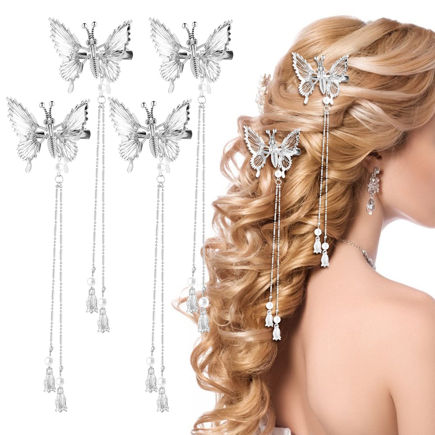 Sibba 4 Pcs Butterfly Hair Clips Pins, Alloy Glitter Barrettes Tassel 3D Moving Butterfly Hairpins French Side Hollow Metal Cute Clip for Women Girls Wedding Hair Fashion Accessories