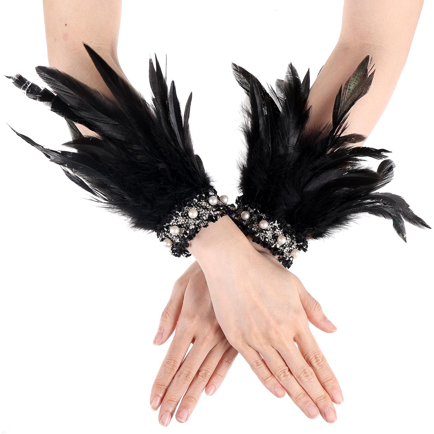 COMNICO Gothic Feather Wrist Cuffs for Women, 1 Pair Floral Lace Wings Gloves Bracelets Mesh Wristband Real Nature Feather Arm Sleeve Black Wrist Cuffs for Party Cosplay Halloween Costume Accessory