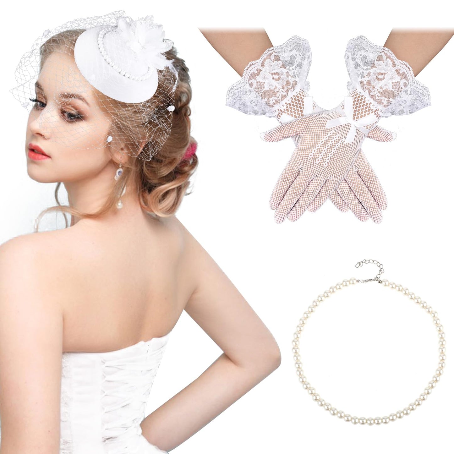 Sibba 3 Pieces Fascinator Hat for Women Tea Party Feather Headband with Veil Feather Funeral Headpiece Lace Gloves Pearl Necklace Derby Hat Headwear for Wedding Cocktail Mardi Gras