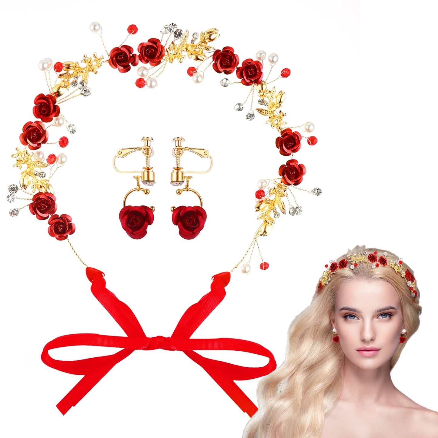 Sibba Flower Headpiece Crowns Headband Earrings Jewelry Set Bride Bridesmaids Wedding Red Tiaras Crystal Rhinestone Pearl Headwear Long Vines Rose Girl Women Mothers Day Halloween Party Hair Band