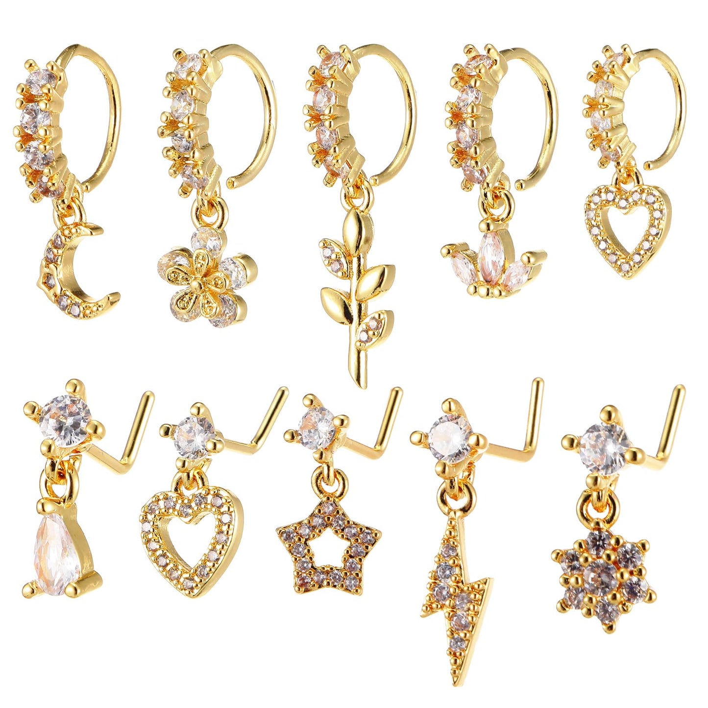 ElevateTech Dangle Nose Rings Hoop, 10 Pcs L Shaped Nose Studs Hoops for Women 20G Dangling Nose-Ring With Flower Star Butterfly Heart Charm Noses Piercing Rings Jewelry, Gold