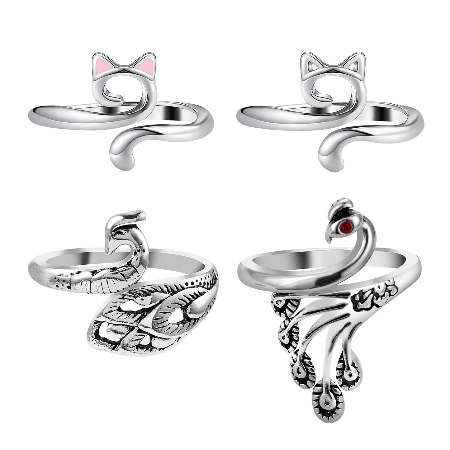 Dimeho 4 Pack Adjustable Knitting Rings Crochet Finger Loop Yarn Guide Holder Peacock Cat Weaving Hook Braided Open Thimble for DIY Craft Accessories Women Mother Grandma Thanksgiving Presents