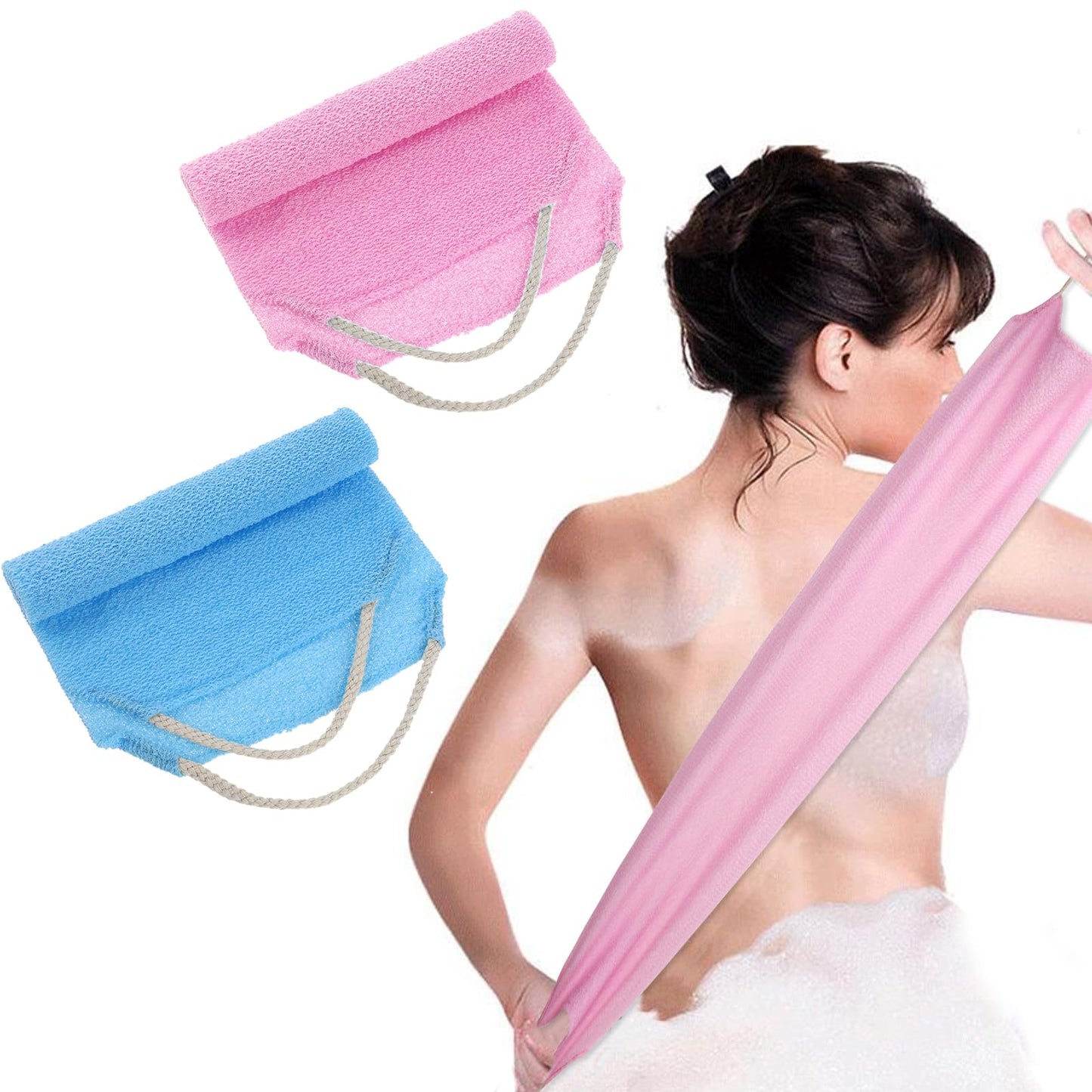 2Pcs Back Scrubber Nylon Exfoliating Washcloth Body Bath Pull Strap Scrubber with Handles Extended Length Washers Stretchable Shower Scrubber for Face Back Cleans Skin Massages Women Men