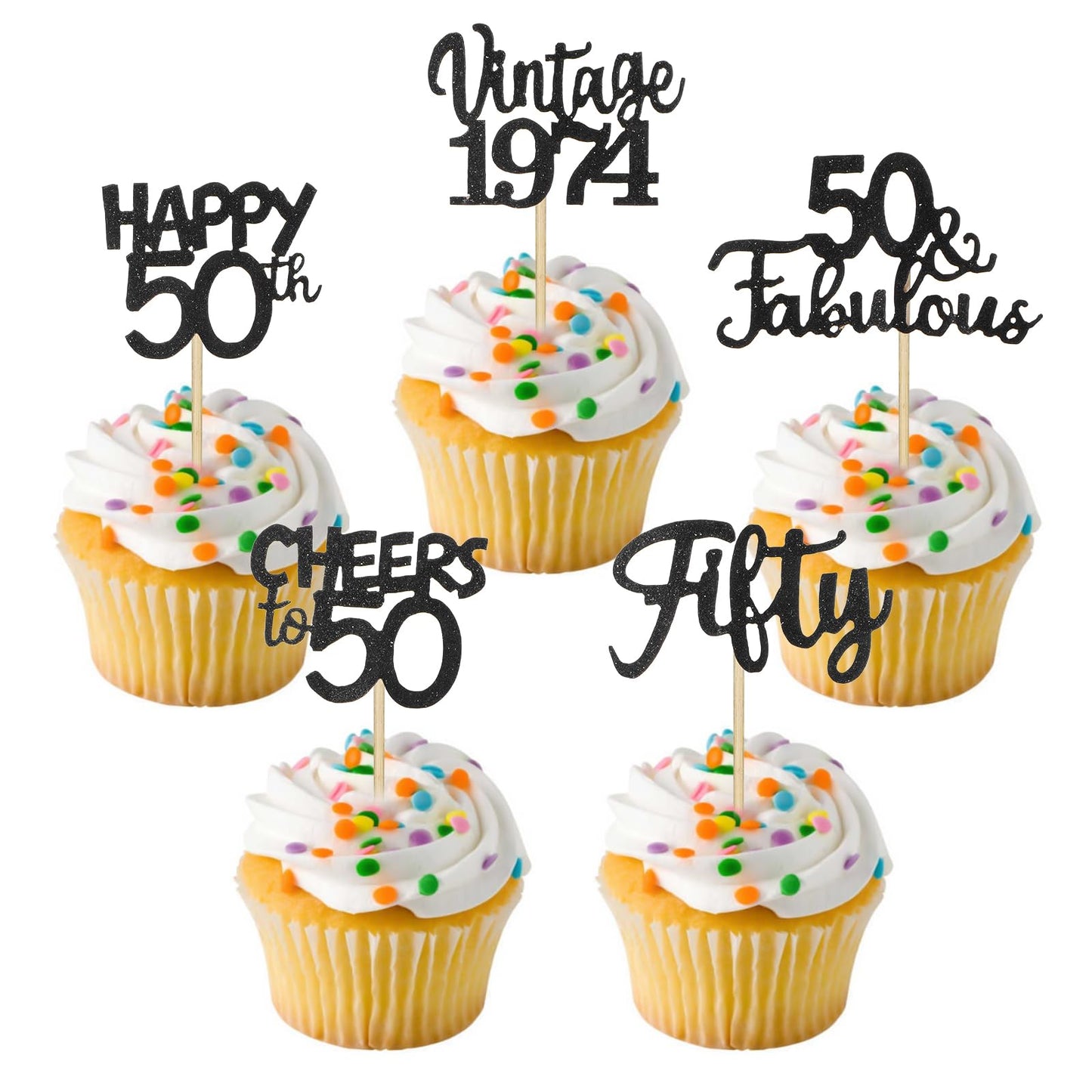 Sibba 30 Pcs Happy 50th Birthday Cupcake Toppers Glitter Cake Picks Black Card Toppers for 50th Birthday Wedding Anniversary Party Supplies for Frosting Icing Decor Baking