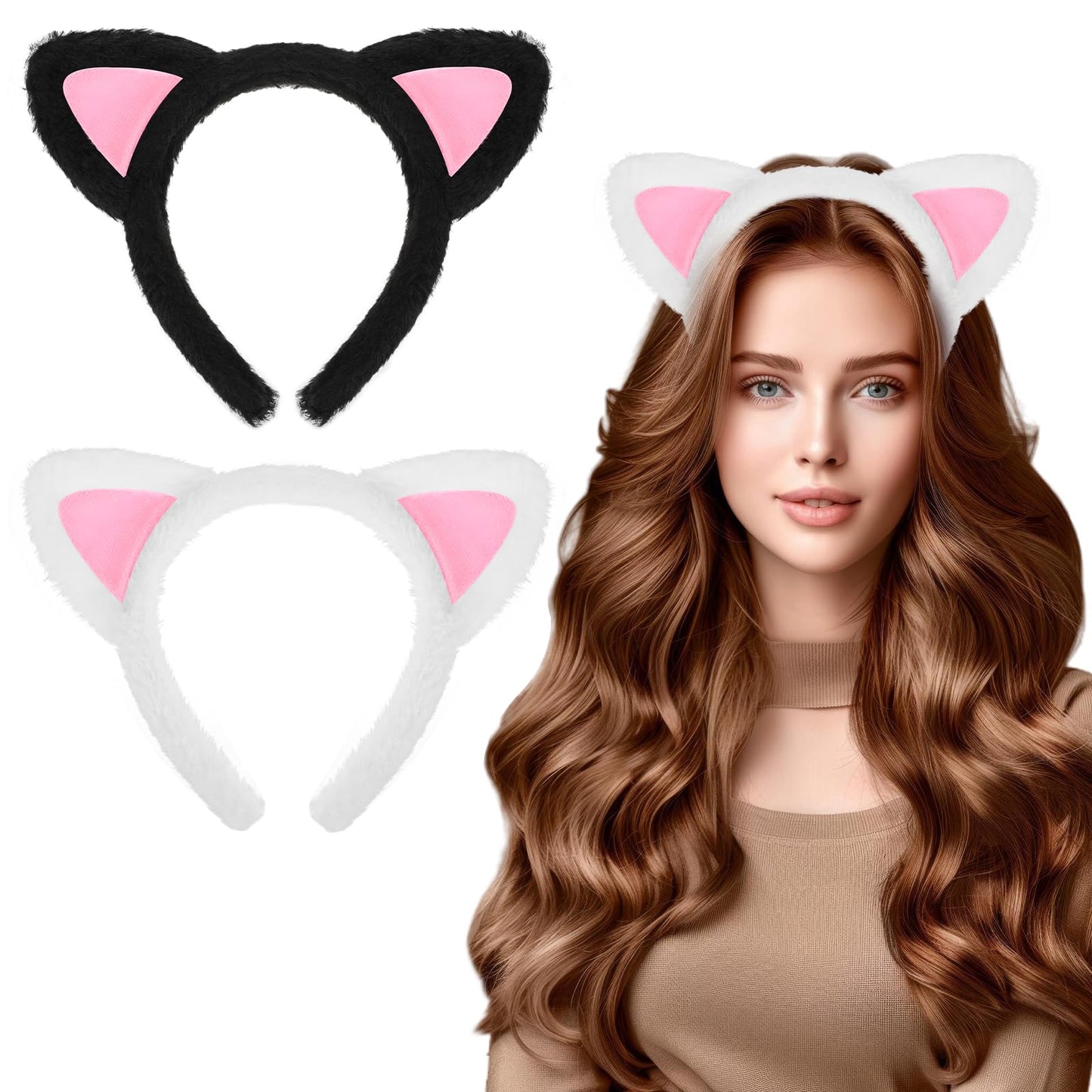 2Pcs Fuzzy Cat Ears Headband Cute Cat Ear Hairband Plush Hair Hoops with Cat Ear Soft Makeup Headwear Washing Face Headbands for Girl Party Costume Daily Decorations Skincare Yoga Cosplay