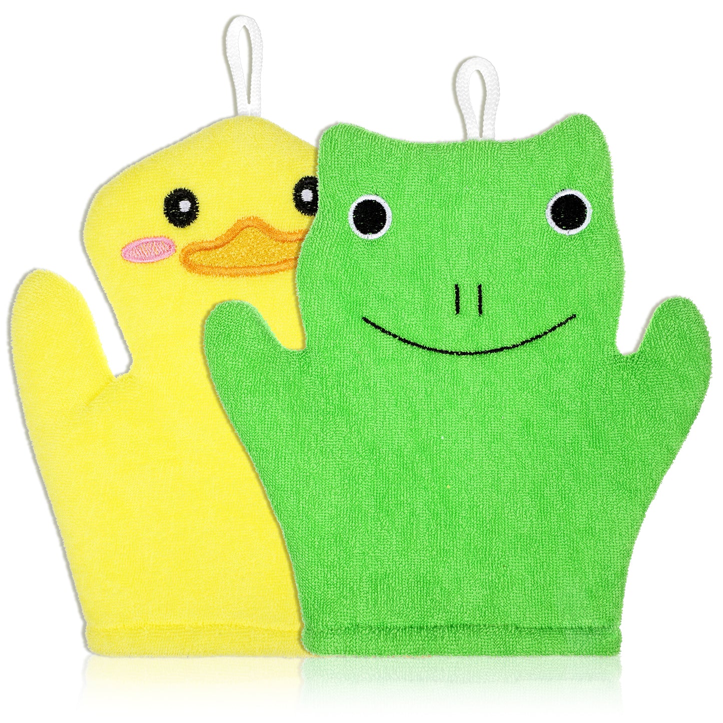 FNANJWQ 2 Pieces Baby Bath Mitt Washcloths Gloves, Microfiber Soft Washcloths for Kids Designed in Cute Animal Yellow Duck Frog Gentle Scrub for Baby Girl Boy Bath Shower