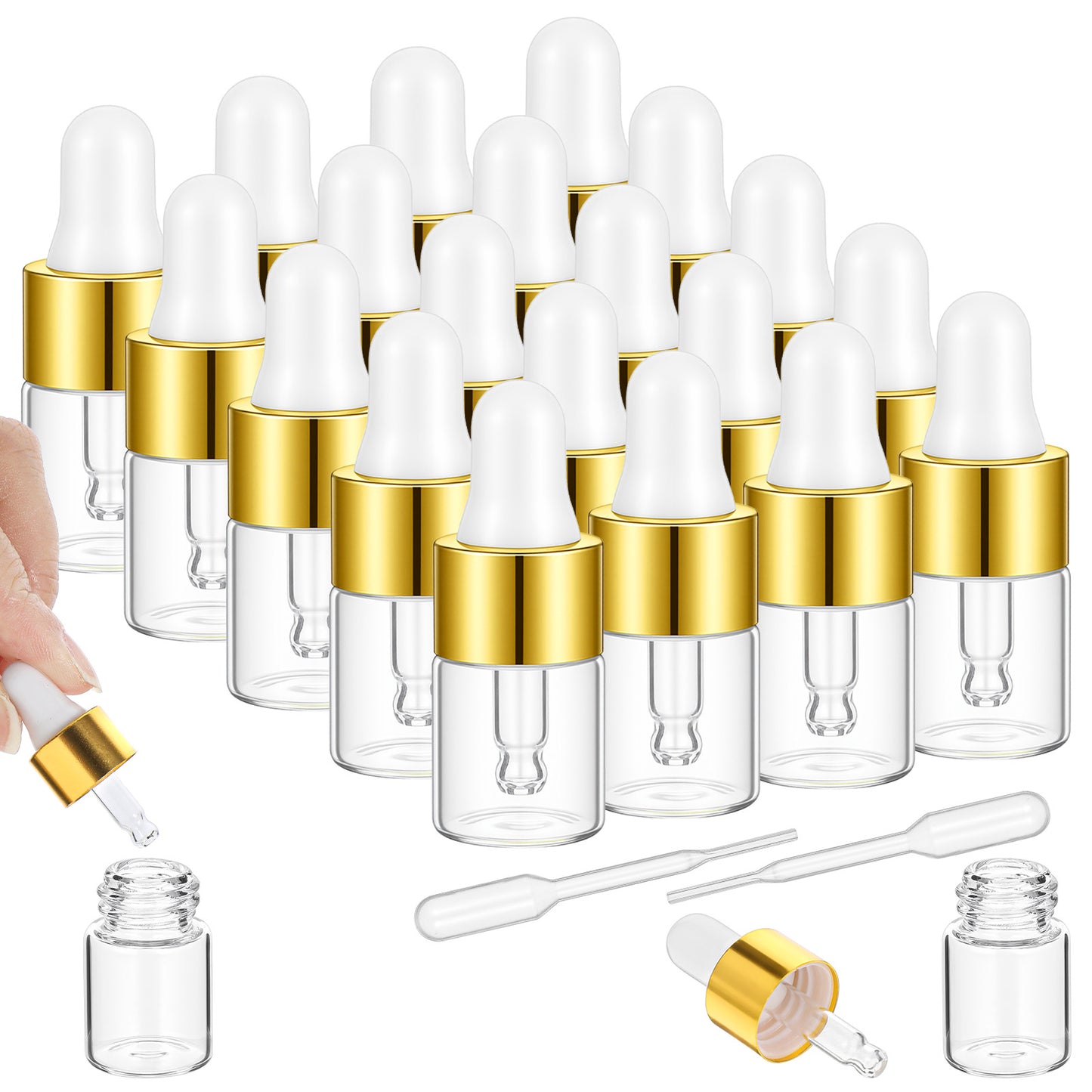 Sibba 20 Pcs Mini Dropper Bottle, 2ml Small Sample Bottle Empty Essential Oil Bottles with Gold Cap, Travel Empty Vails for Cuticle Oil Essential Oils Perfume