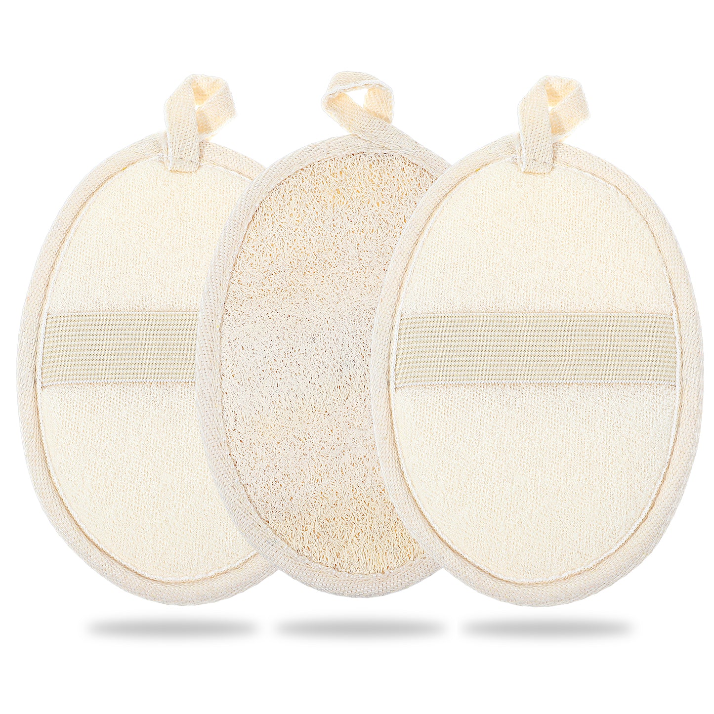 3Pcs Natural Loofah Exfoliating Body Scrubber Natural Body Scrubbers for Shower Exfoliator Lufa Bath Scrub Loofa Sponge Pad Large Lufas for Men and Women Beige