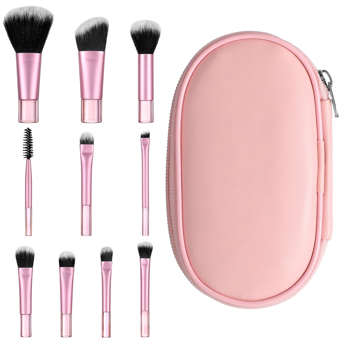 10 Pcs Mini Travel Makeup Brush Set With Pink Pouch Portable Cosmetic Brush Professional Makeup Travel-Essentials kits for Women Foundation Blush Eyeshadow Angled Brow Mascara Concealers Contour