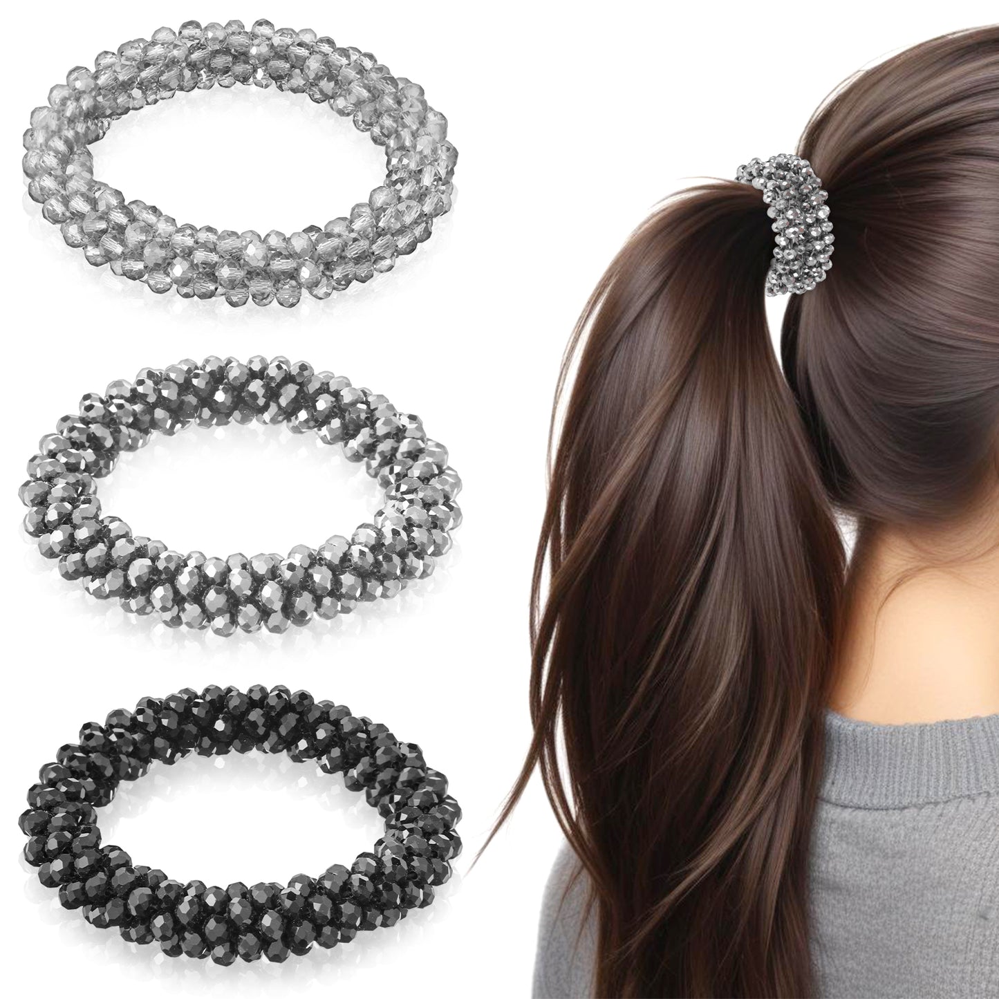 Wanmu 3Pcs Rhinestone Hair Ties, Silver Hair Accessories, Cute Elastic Ponytail Holders, Sparkly Bling Hair Jewelry Scrunchies