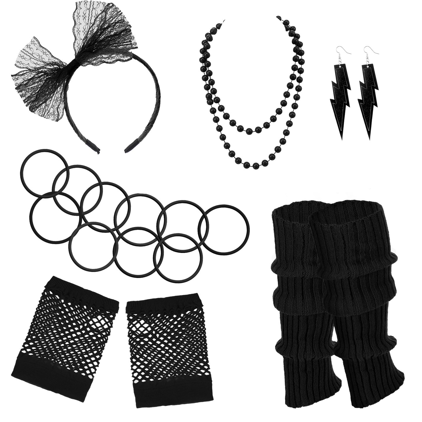 Wanmu 80s Fancy Dress Costumes Accessories, 1980s Headband, Errings, Fishnet Gloves, Necklace, Bracelet, Leg Warmers, Party Outfit Set for Women Halloween Cosplay (Black)