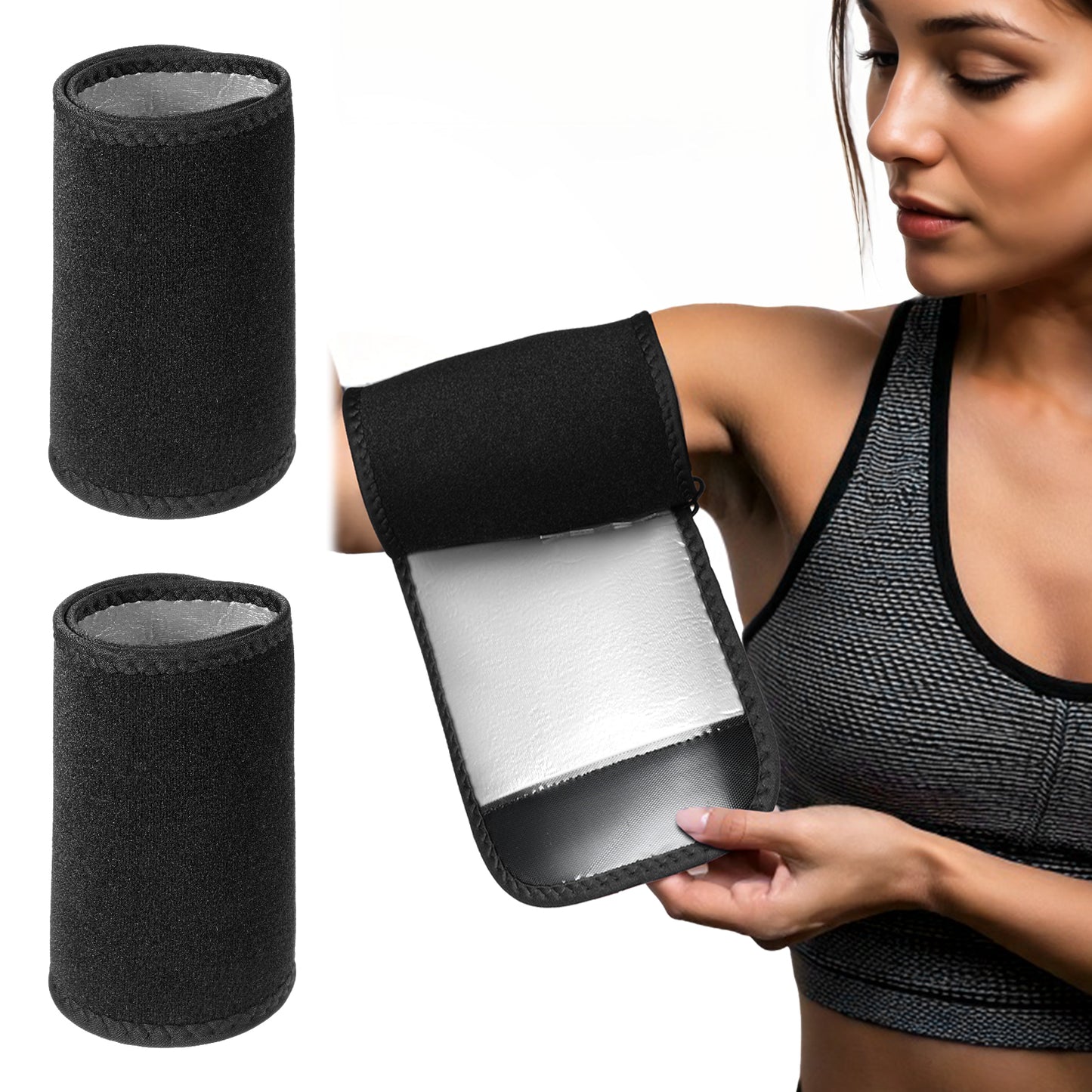 Qianyu 1 Pair Arm Trimmers Adjustable Sauna Sweat Bands Workout Arm Fat Reducer Bands Trainer Toner Slimmer Sleeves for Women Flabby Arms Sports Workout (Black exterior with silver lining)