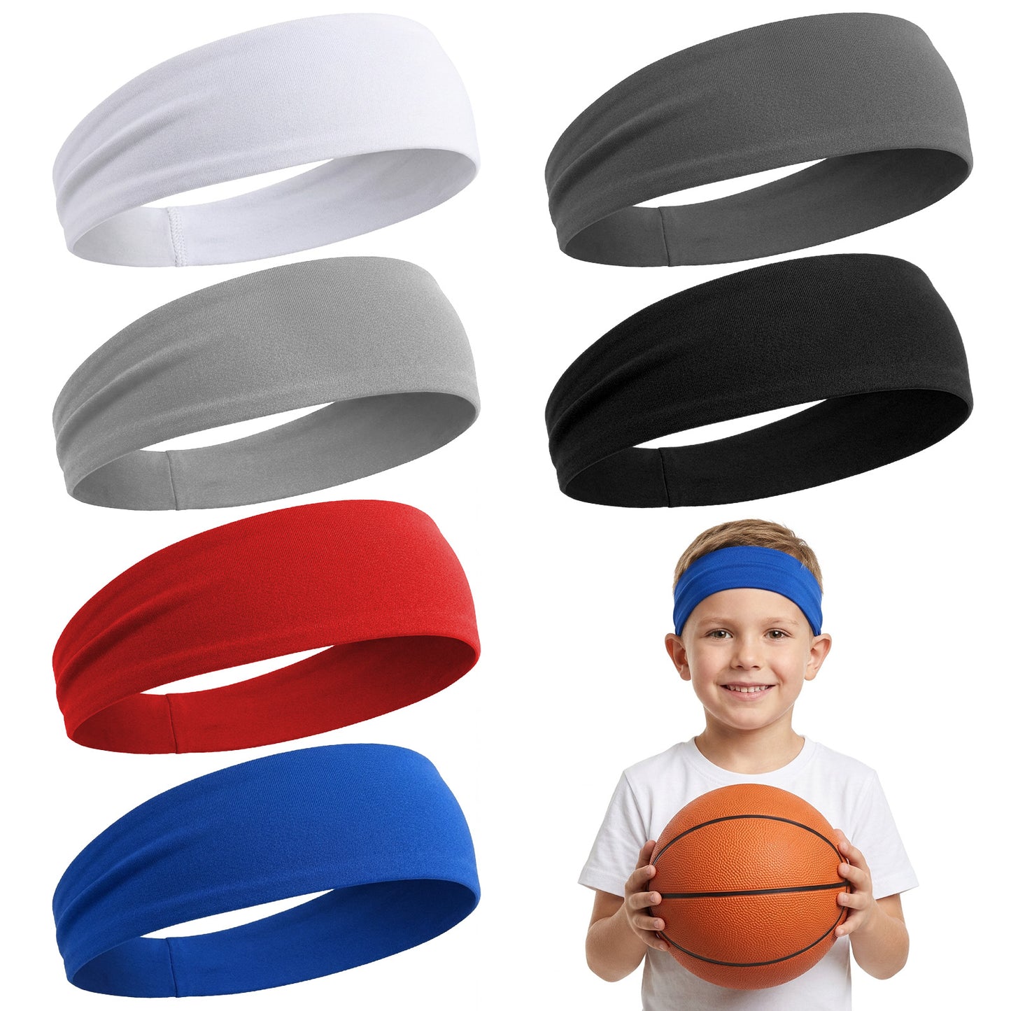 Qianyu 6 PCS Sweatbands for Kids, Sports Headbands Breathable Wicking Headband Athletic Elastic Sweatbands for Baseball Football Soccer Footable Running Exercise