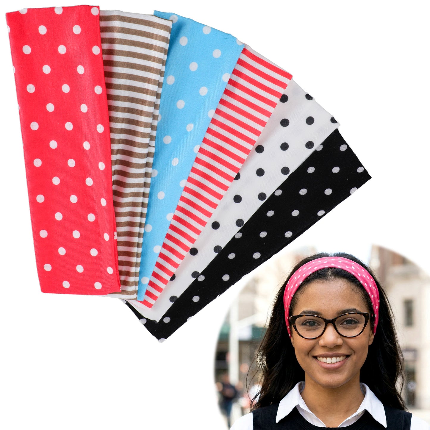 FNANJWQ 6 Pcs Polka Dot Headband for Women, Trendy Hair Accessories Cute Head Bands Non Slip Soft Fabric Elastic Wide Headband for Women's Hair