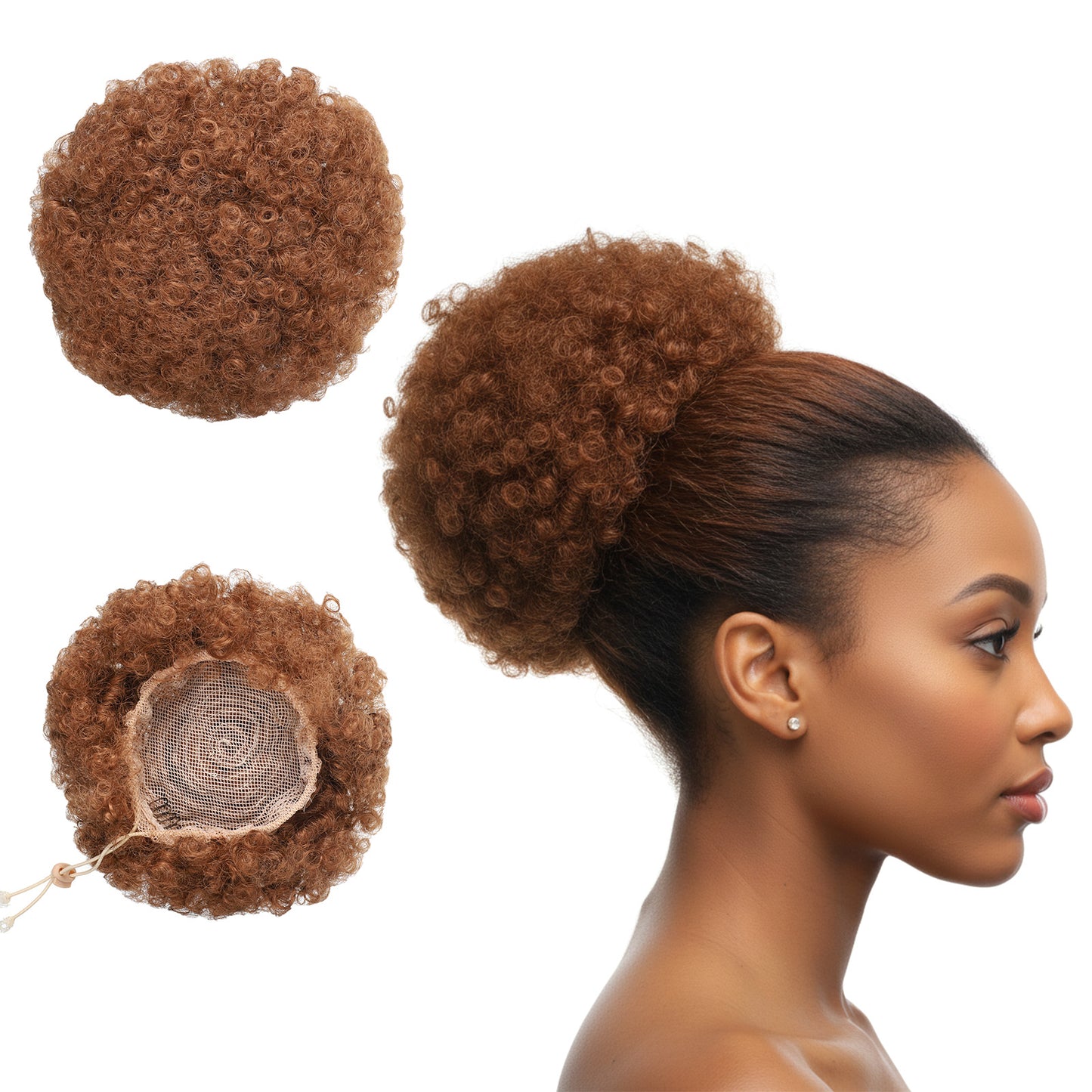 ElevateTech Afro Puff Drawstring Ponytail Hairpieces Short Curly Bun Hair Extensions Big Brown Ponytail Hair Puffs Synthetic Kinky Curly Bun Updo Hairpieces with Clip Afro Chignon for Black Women