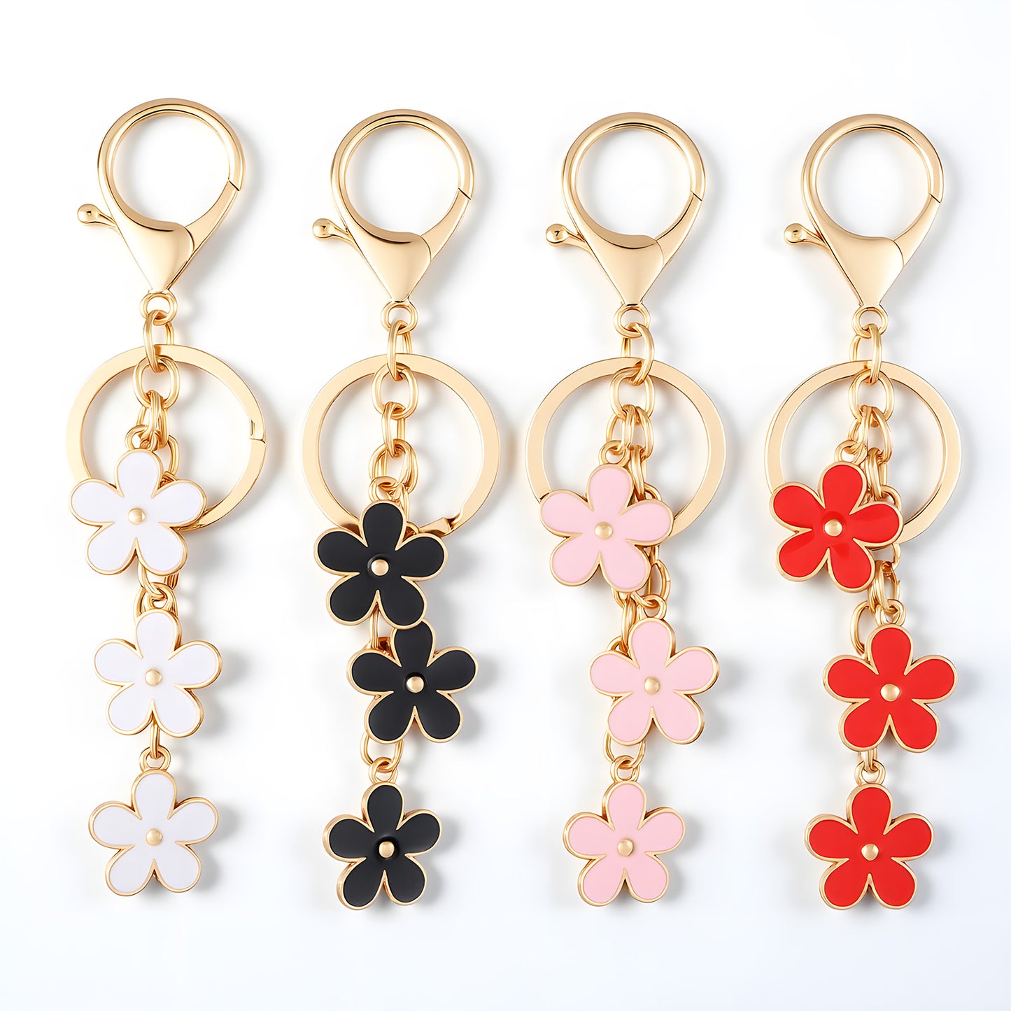 Gjinxi 4pcs Cute Keychain for Women Girls Floral Flower Enamel Purse Charm Gift Decor Keyring Handbag Backpack Purse Personalized Jewelry Chains Accessories for Mother Best Friend Birthday Christmas