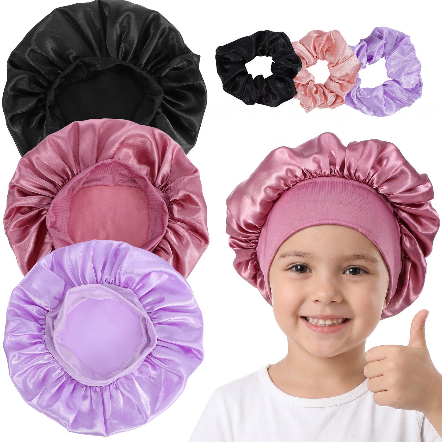 Gjinxi 3 PCS Kids Satin Bonnets for Sleeping, Silk Cute Sleep Cap Hair Bonnet with Elastic Wide Tie Band Scrunchies for Curly Natural Hair Kids Teens (Black + Purple + Pink)