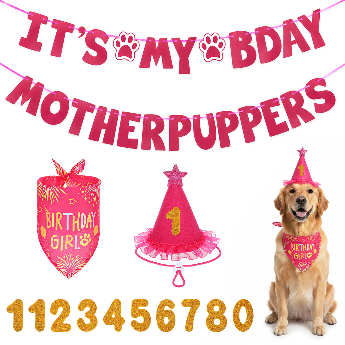 Rose Pink Dog Birthday Bandana Set, Dog Birthday Party Supplies with Hat Bandana Numbers Adjustable Pet Anniversary Outfit for Halloween Small Girl Pets Puppy